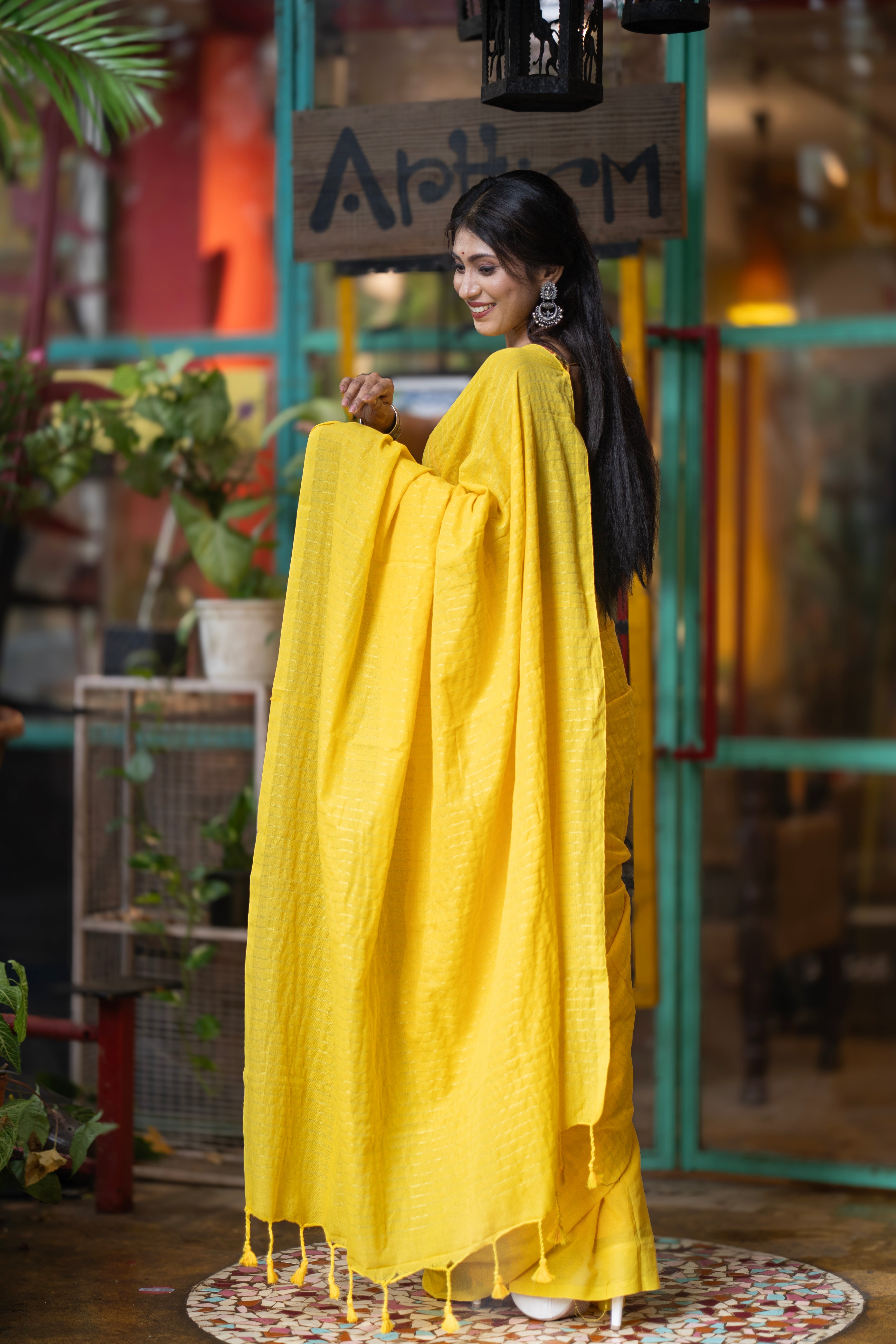Khadi Cotton Golden Striped Saree - yellow