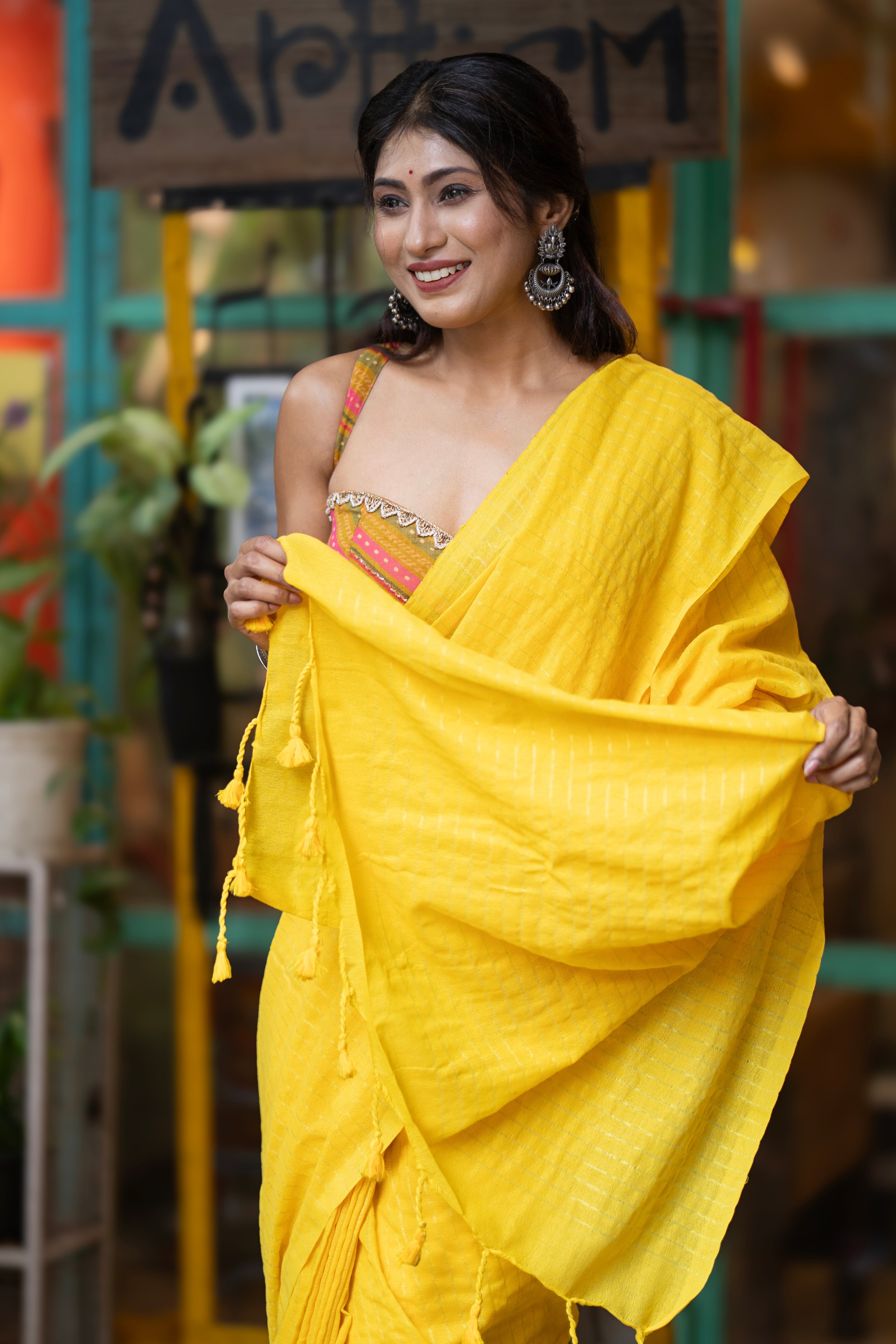 Khadi Cotton Golden Striped Saree - yellow
