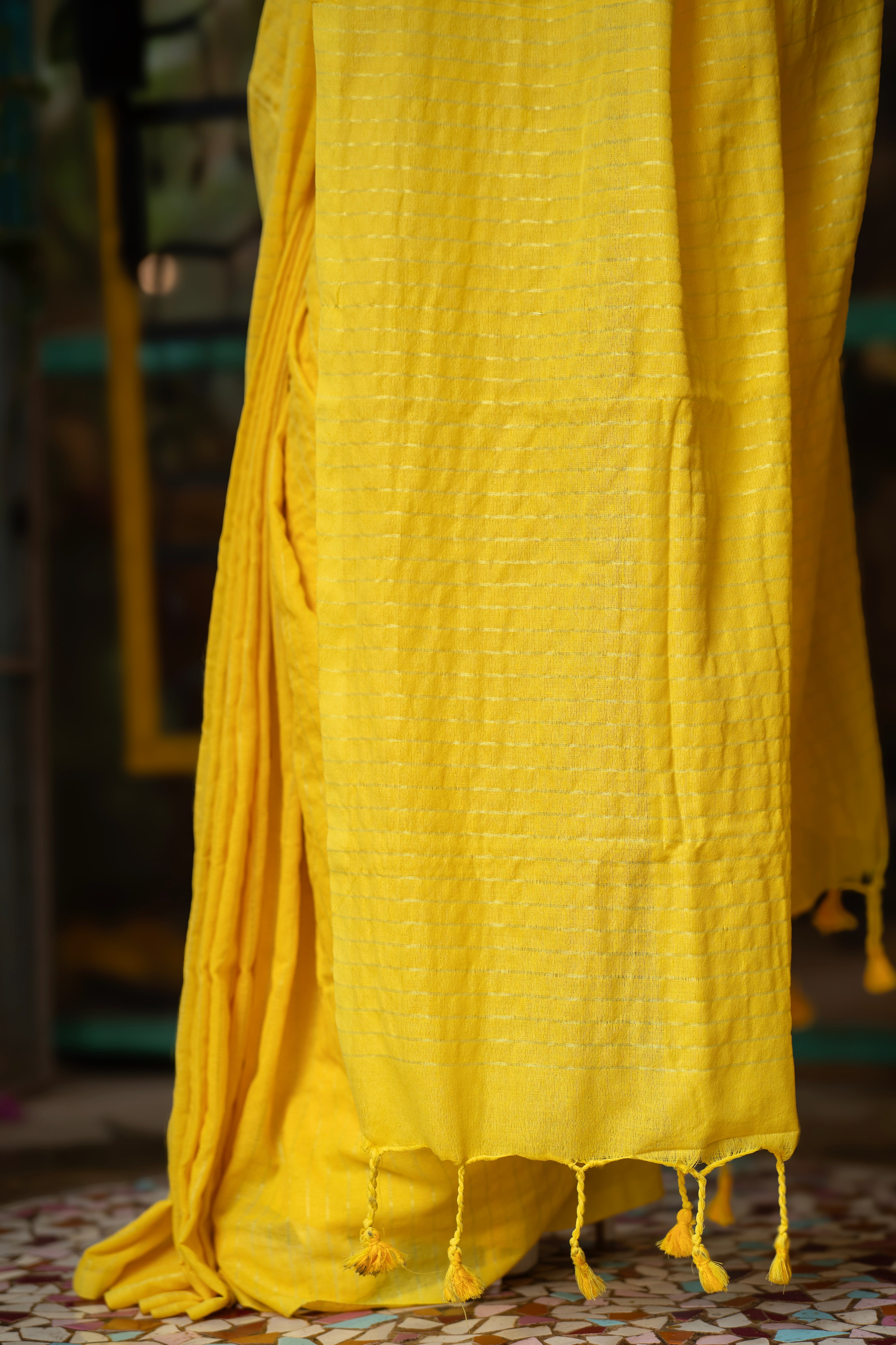 Khadi Cotton Golden Striped Saree - yellow