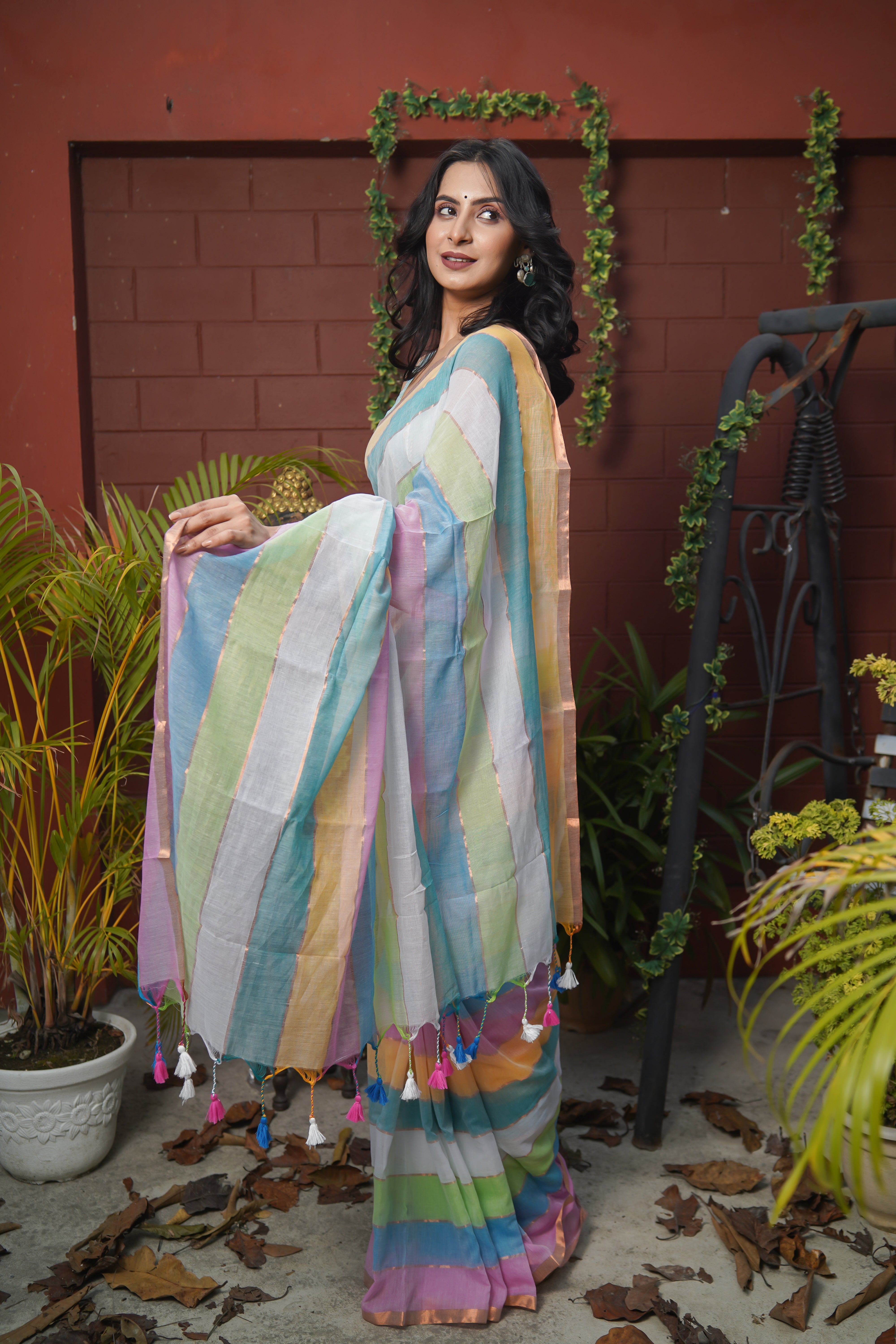 Multicolour Rainbow Mul Mul Cotton Saree