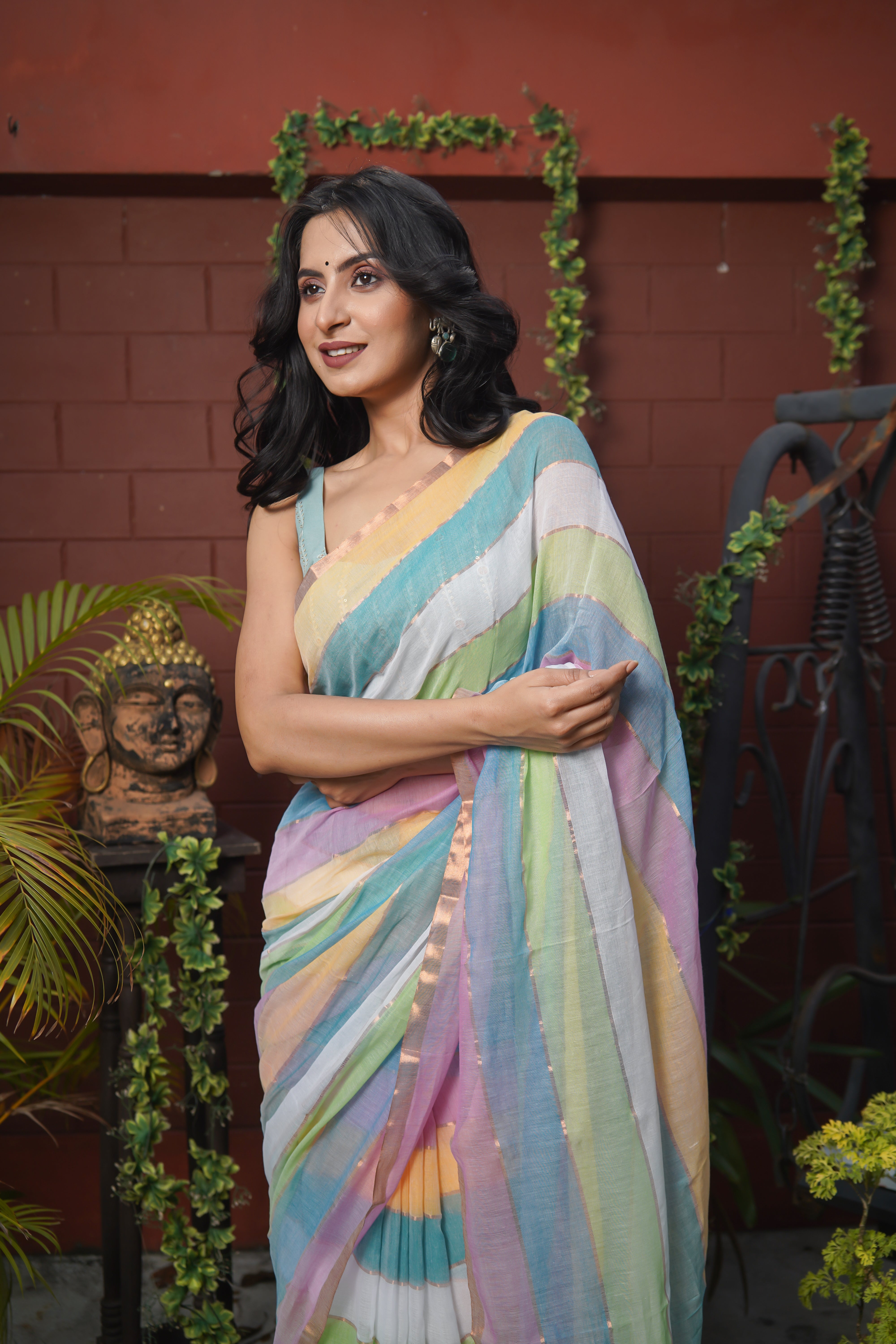 Multicolour Rainbow Mul Mul Cotton Saree