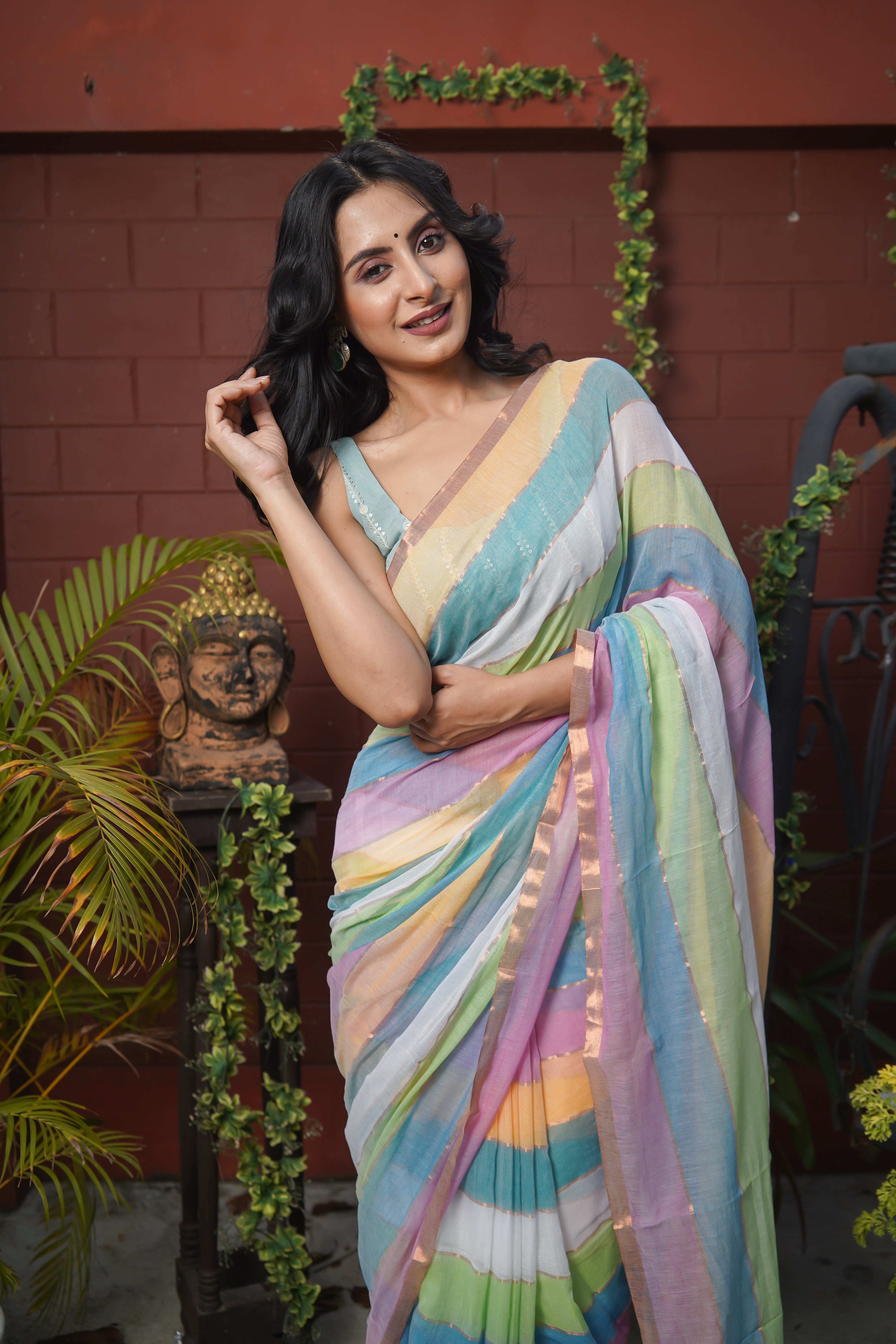 Multicolour Rainbow Mul Mul Cotton Saree