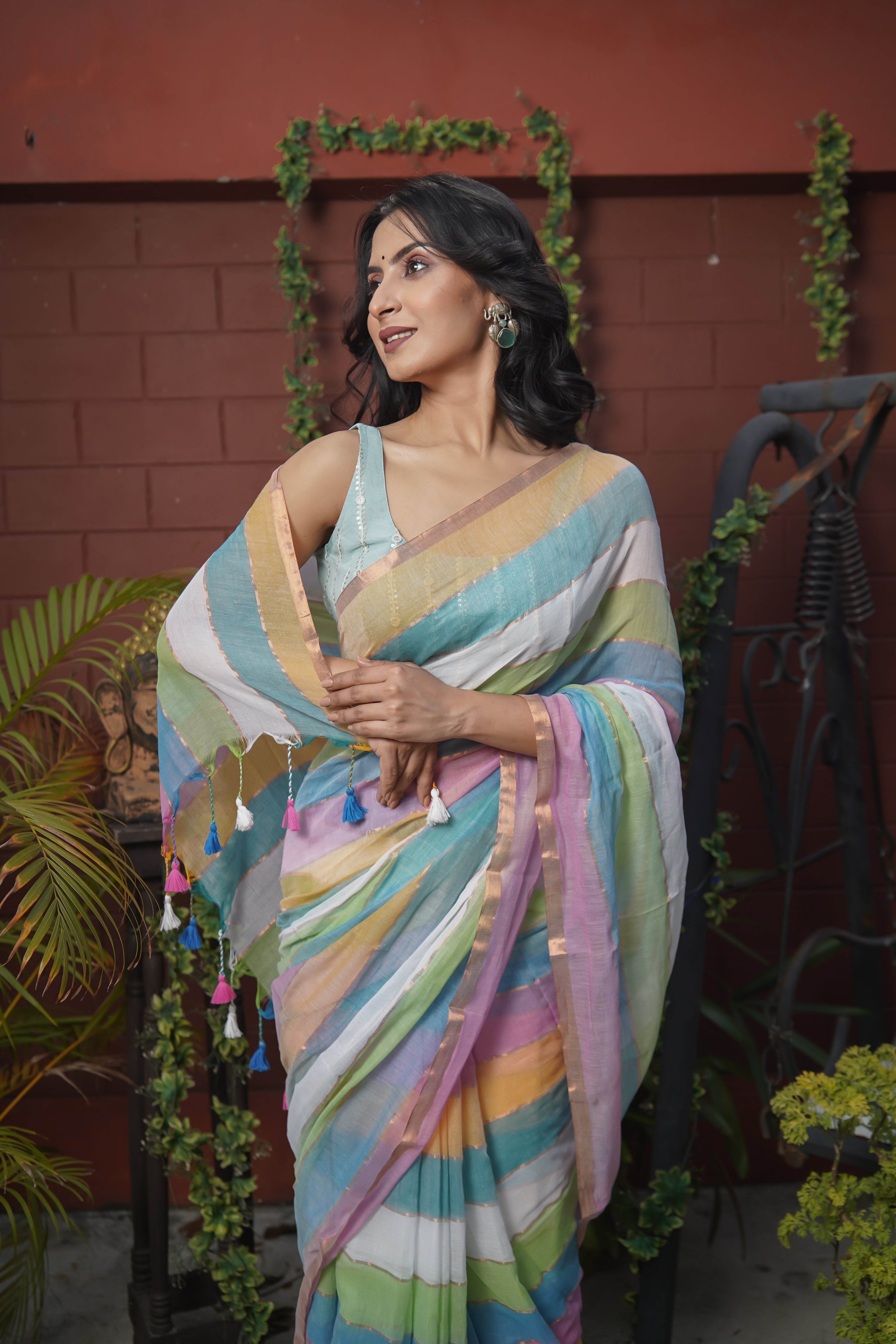 Multicolour Rainbow Mul Mul Cotton Saree