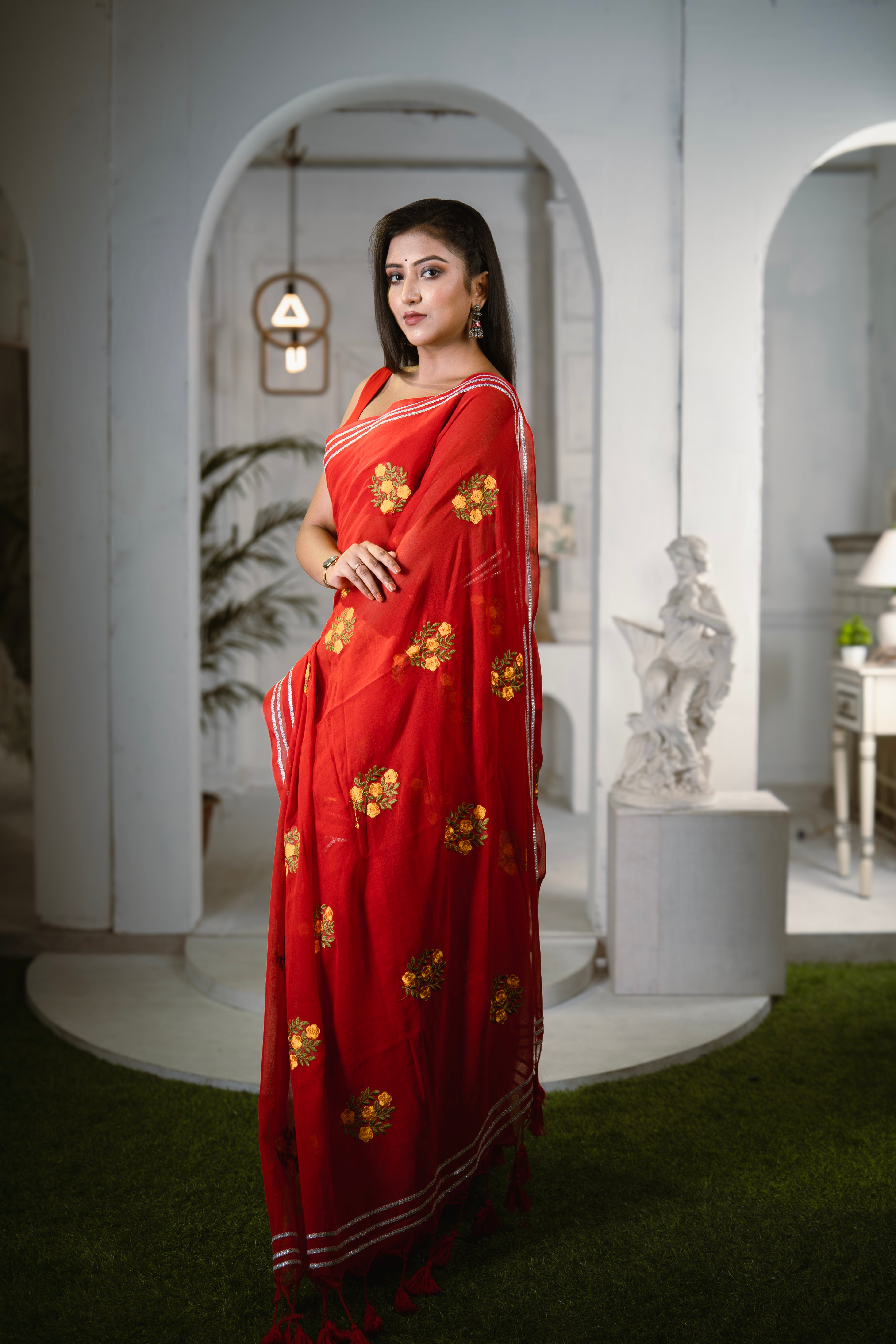 Red Mul Mul Cotton Saree With Embroidery Work