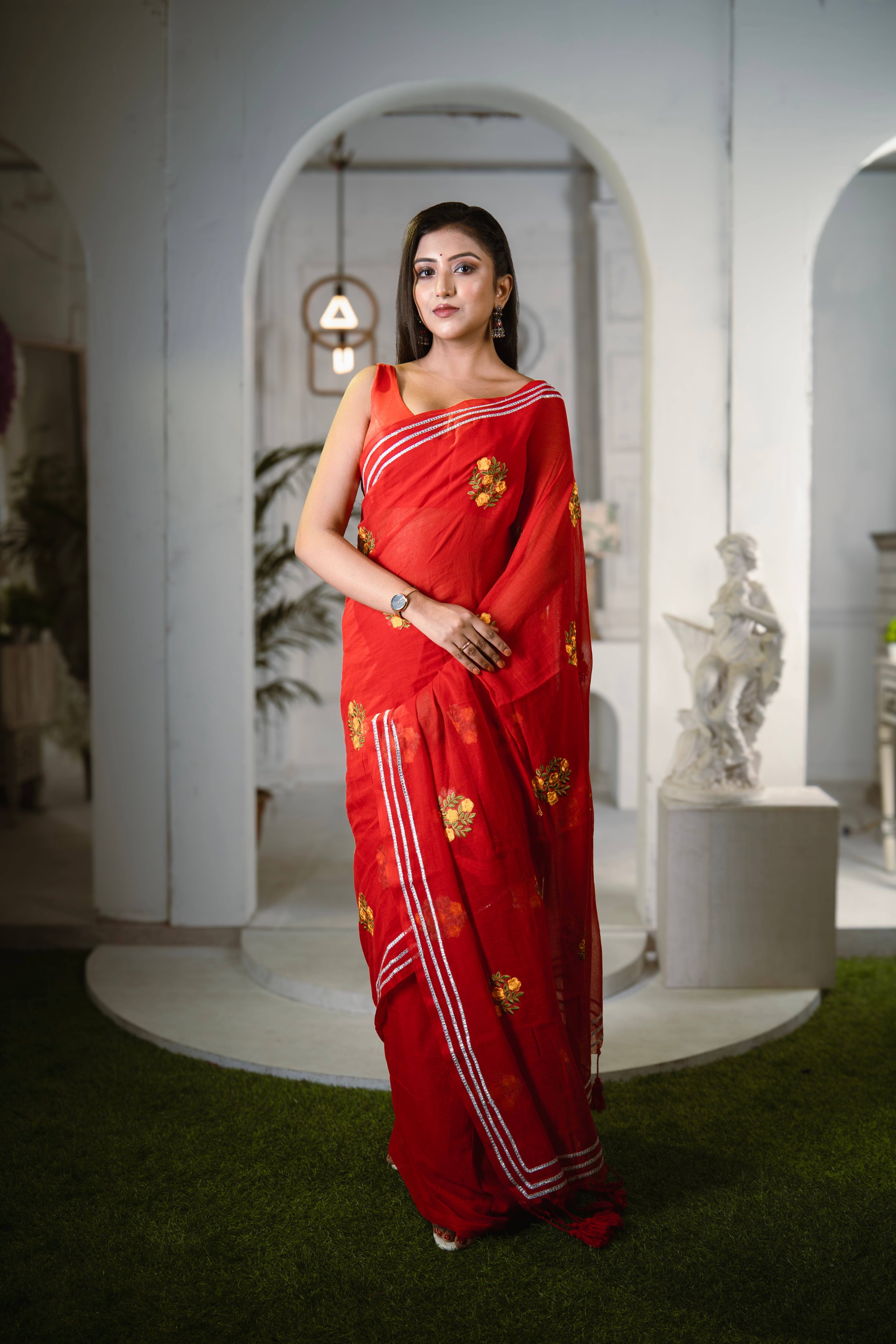Red Mul Mul Cotton Saree With Embroidery Work