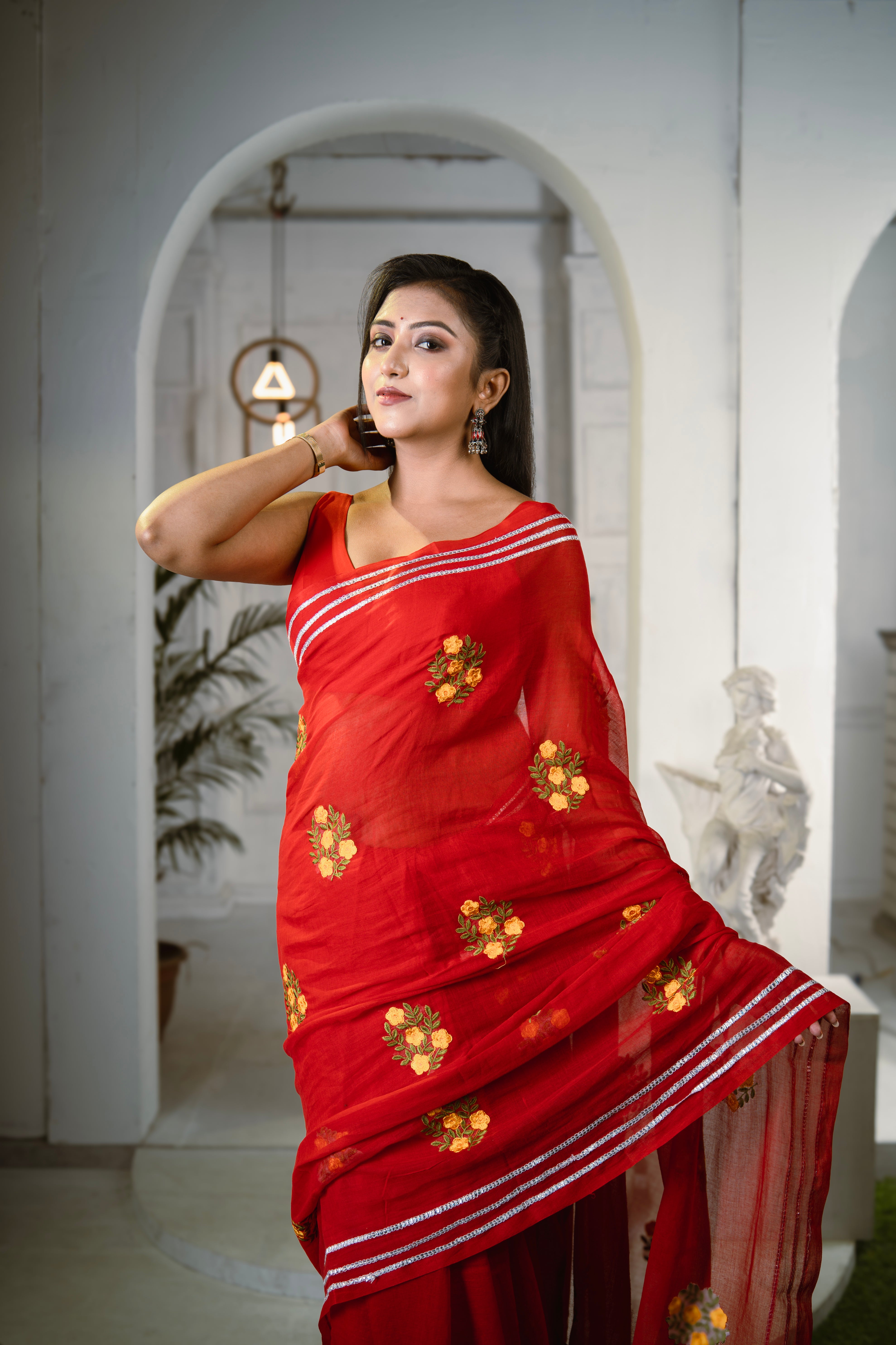 Red Mul Mul Cotton Saree With Embroidery Work