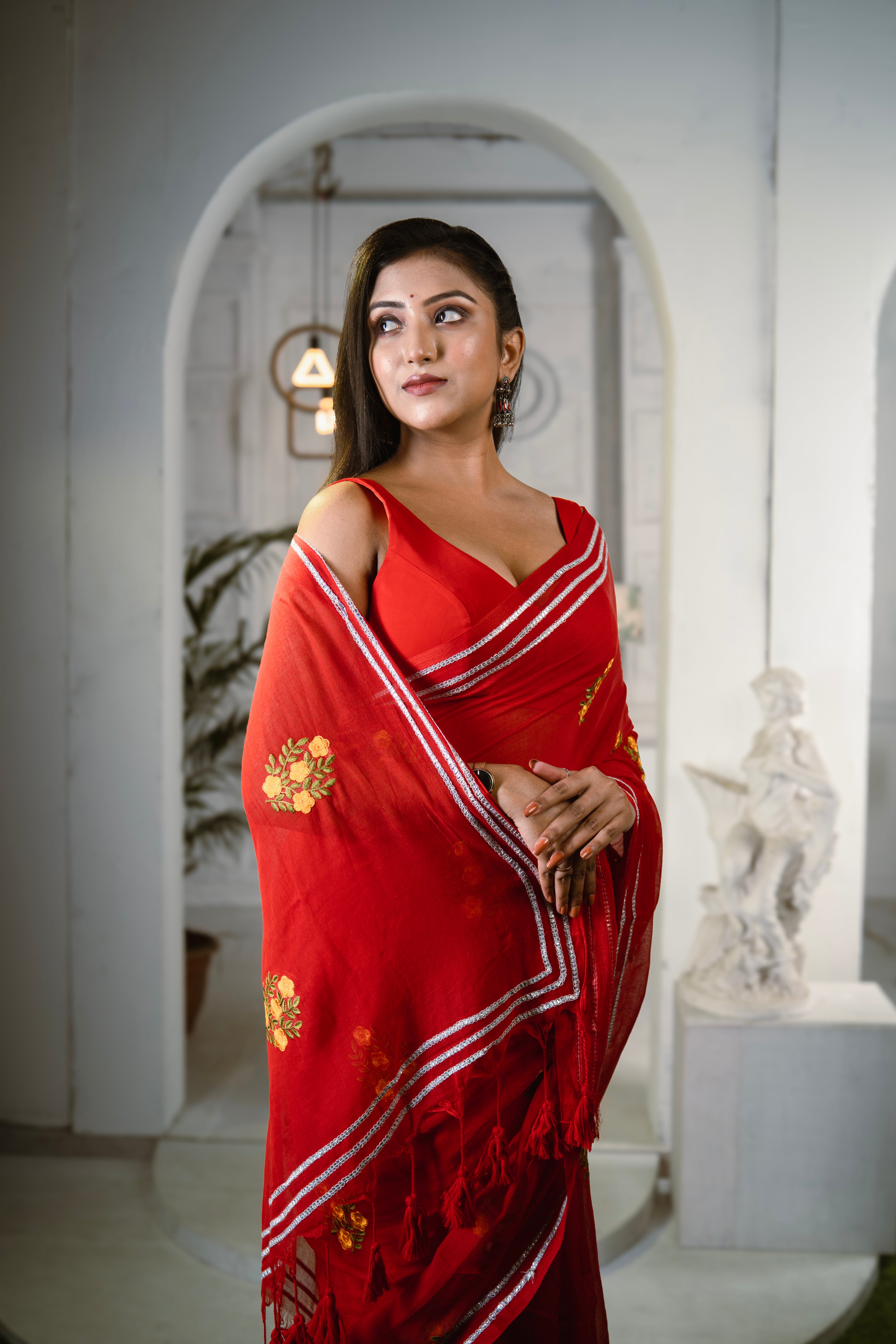 Red Mul Mul Cotton Saree With Embroidery Work