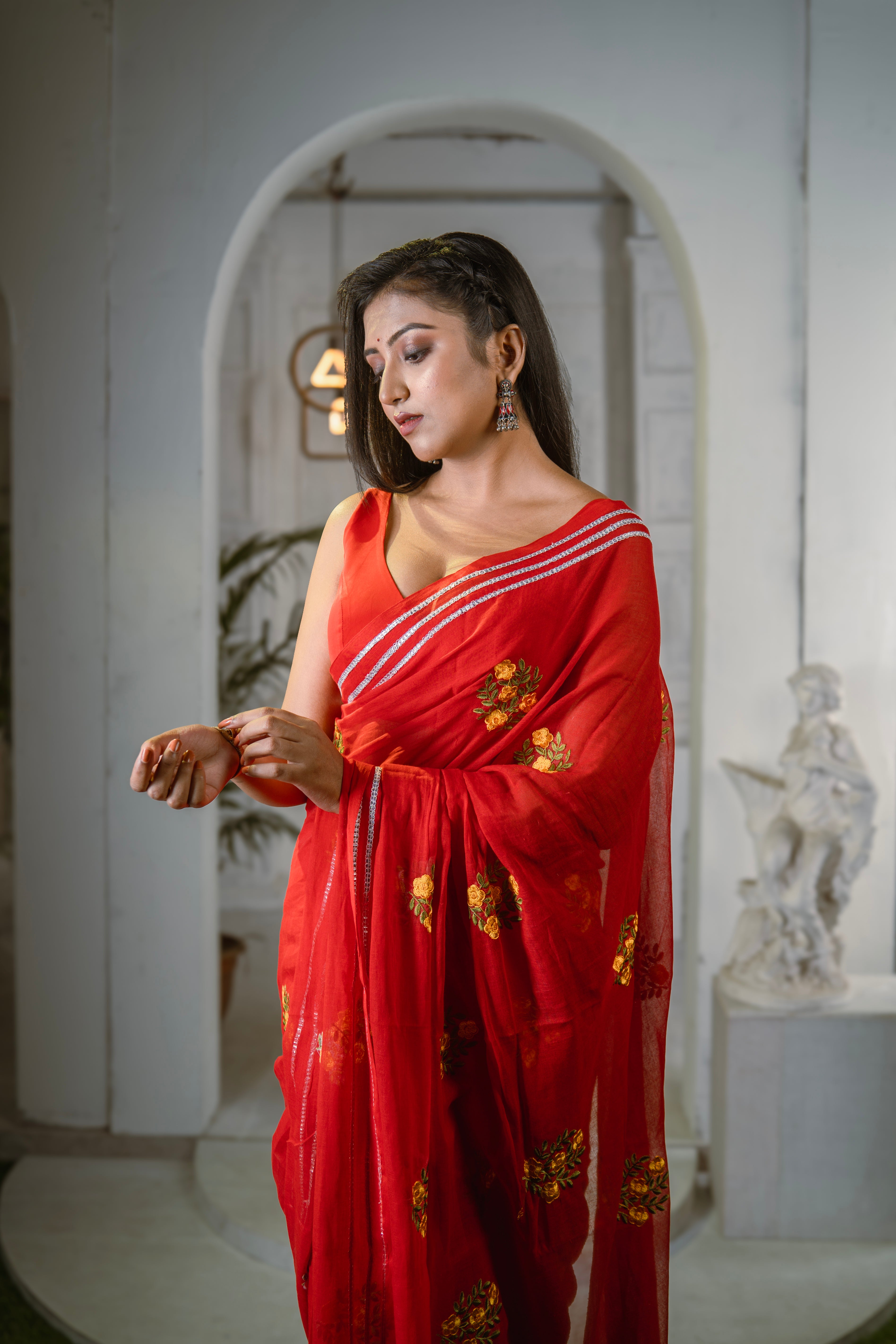 Red Mul Mul Cotton Saree With Embroidery Work
