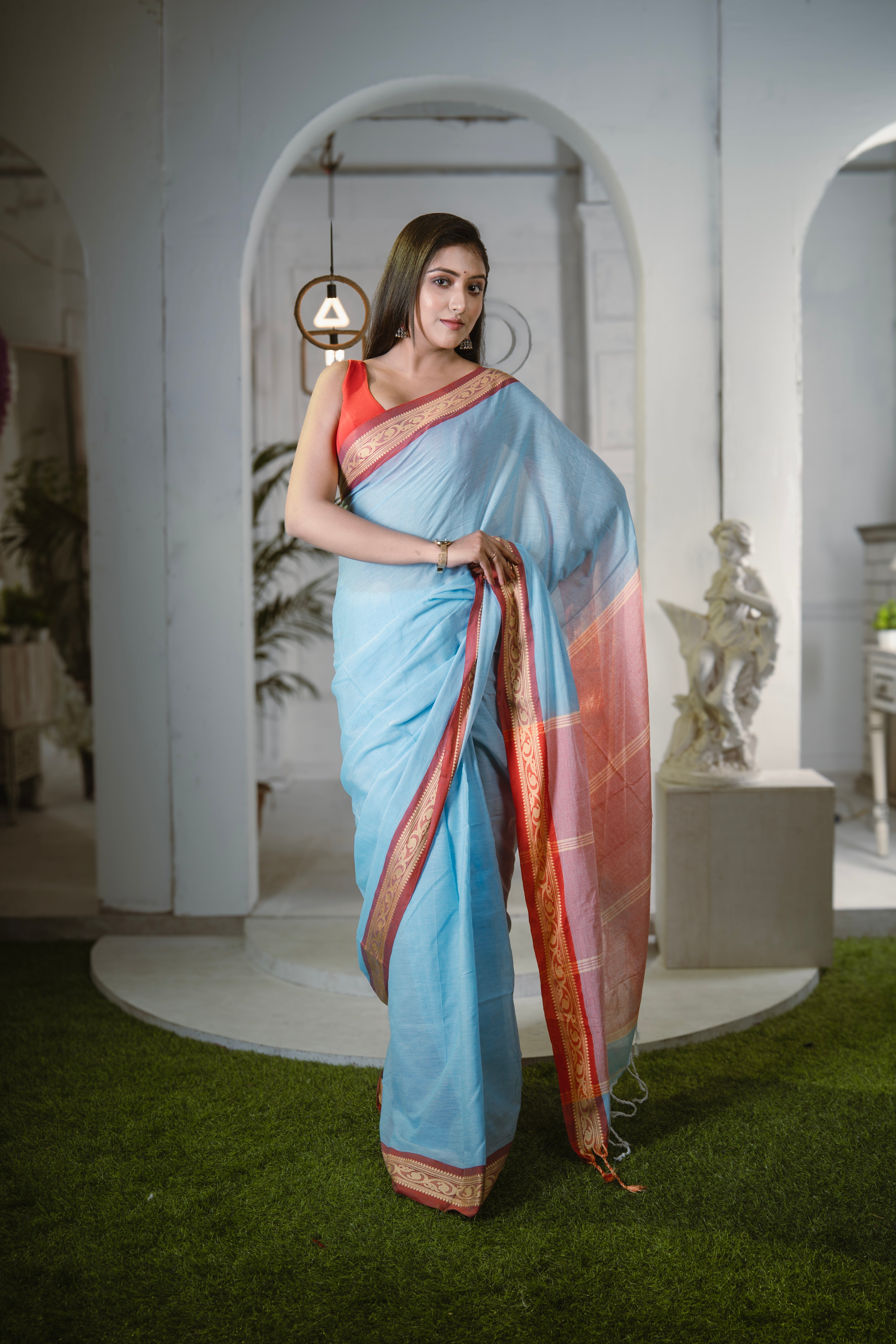 Handwoven Mulmul Cotton Saree- Blue