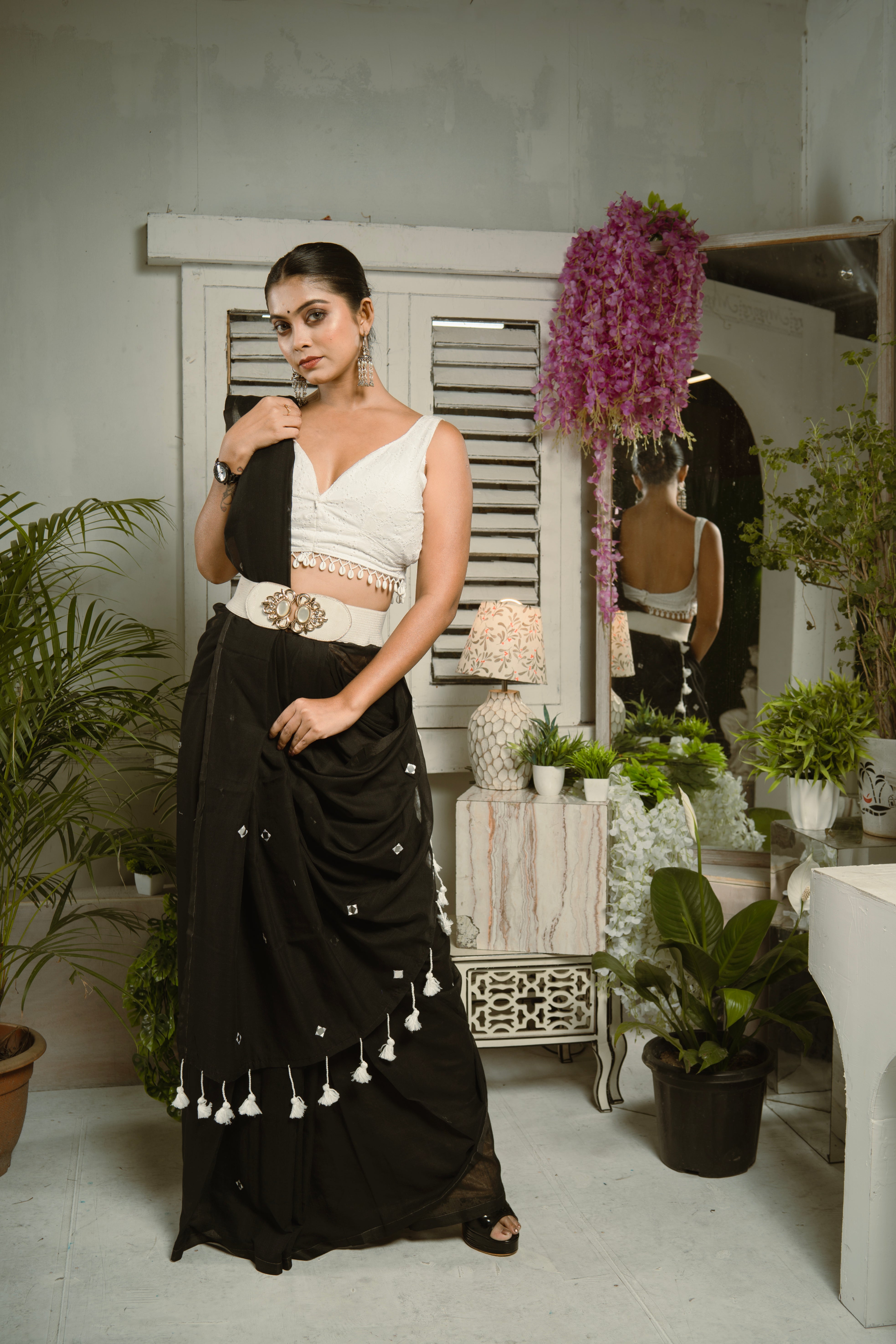 Pure Mul Cotton Mirror Work Saree- Black