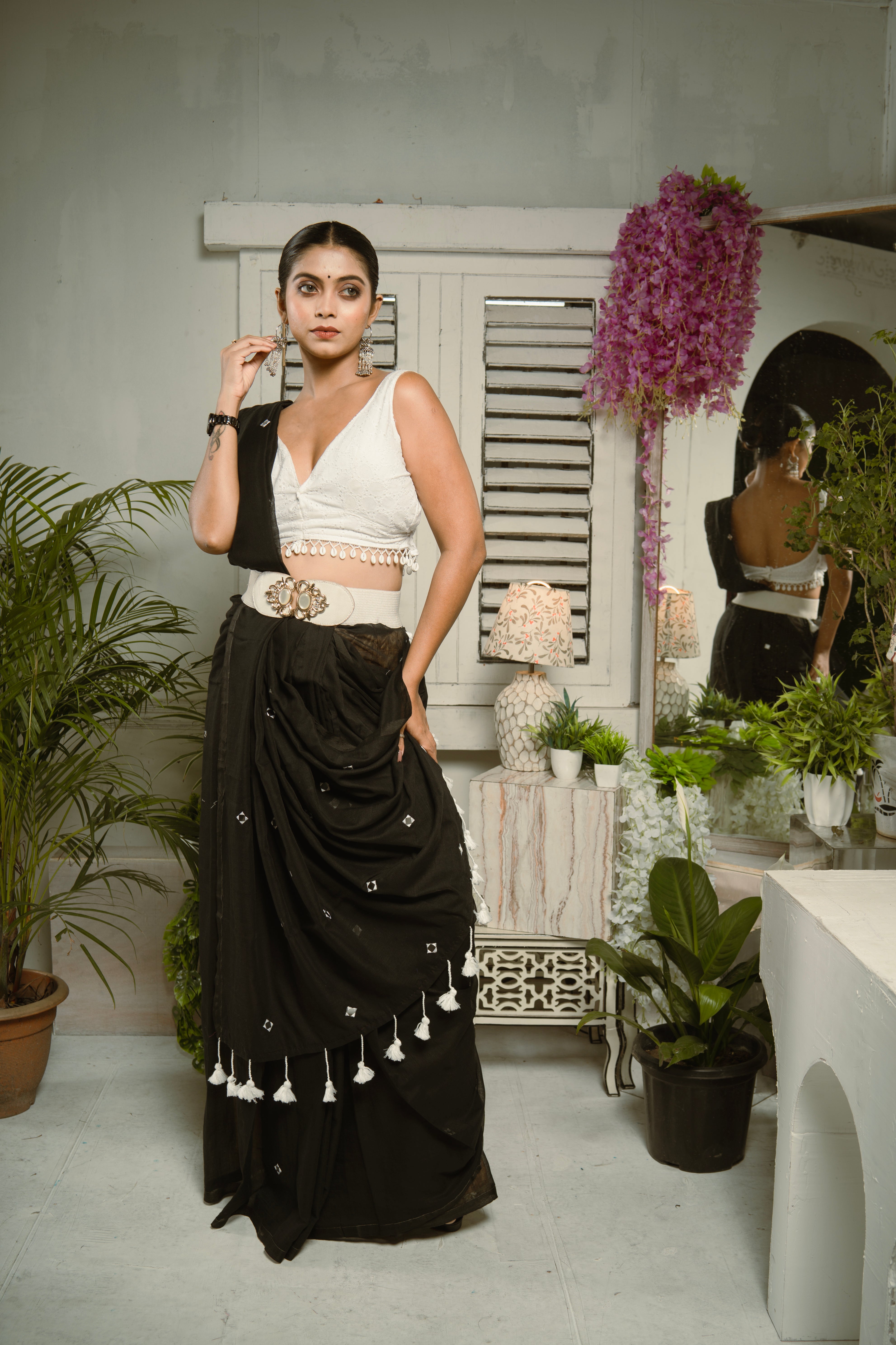 Pure Mul Cotton Mirror Work Saree- Black