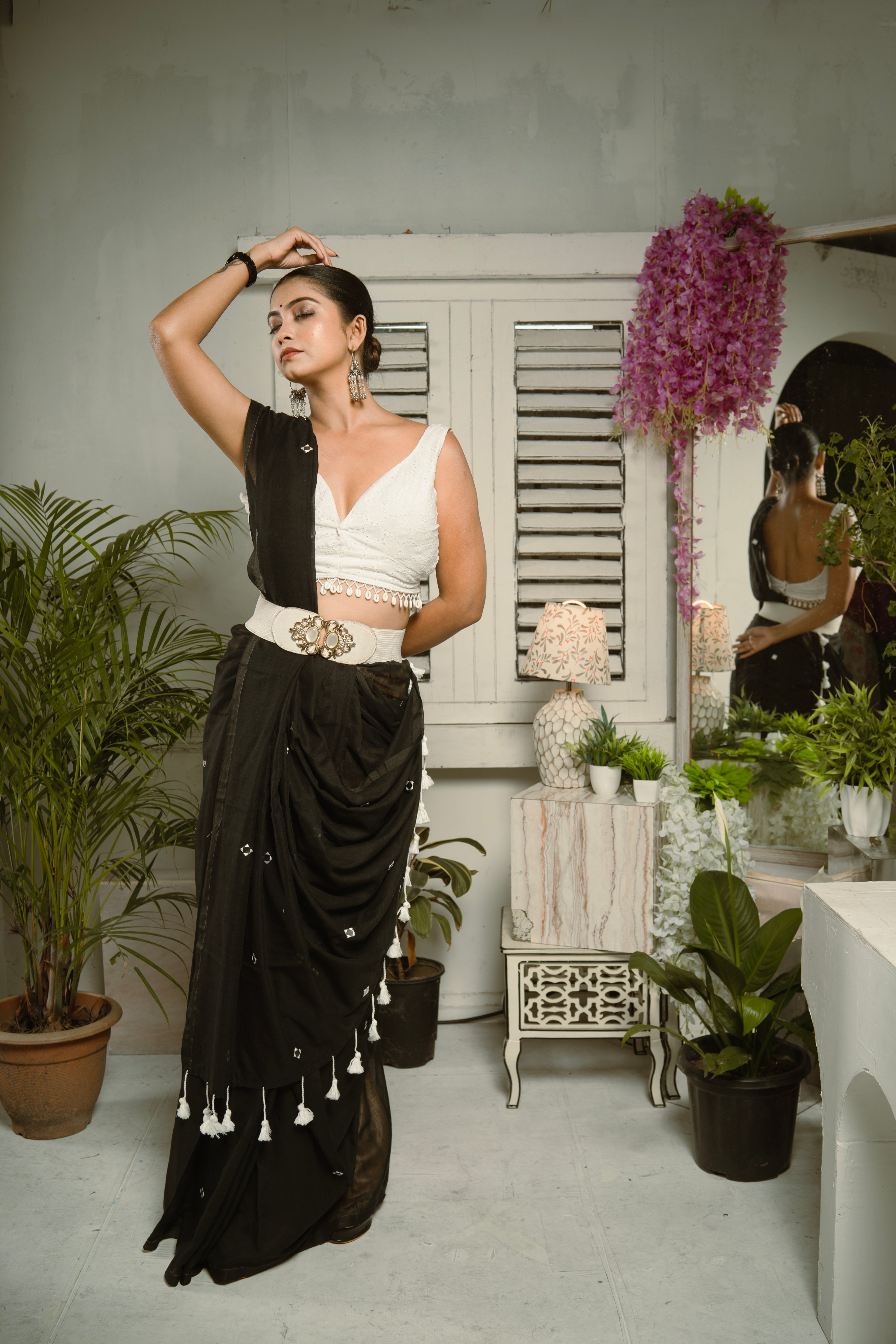 Pure Mul Cotton Mirror Work Saree- Black