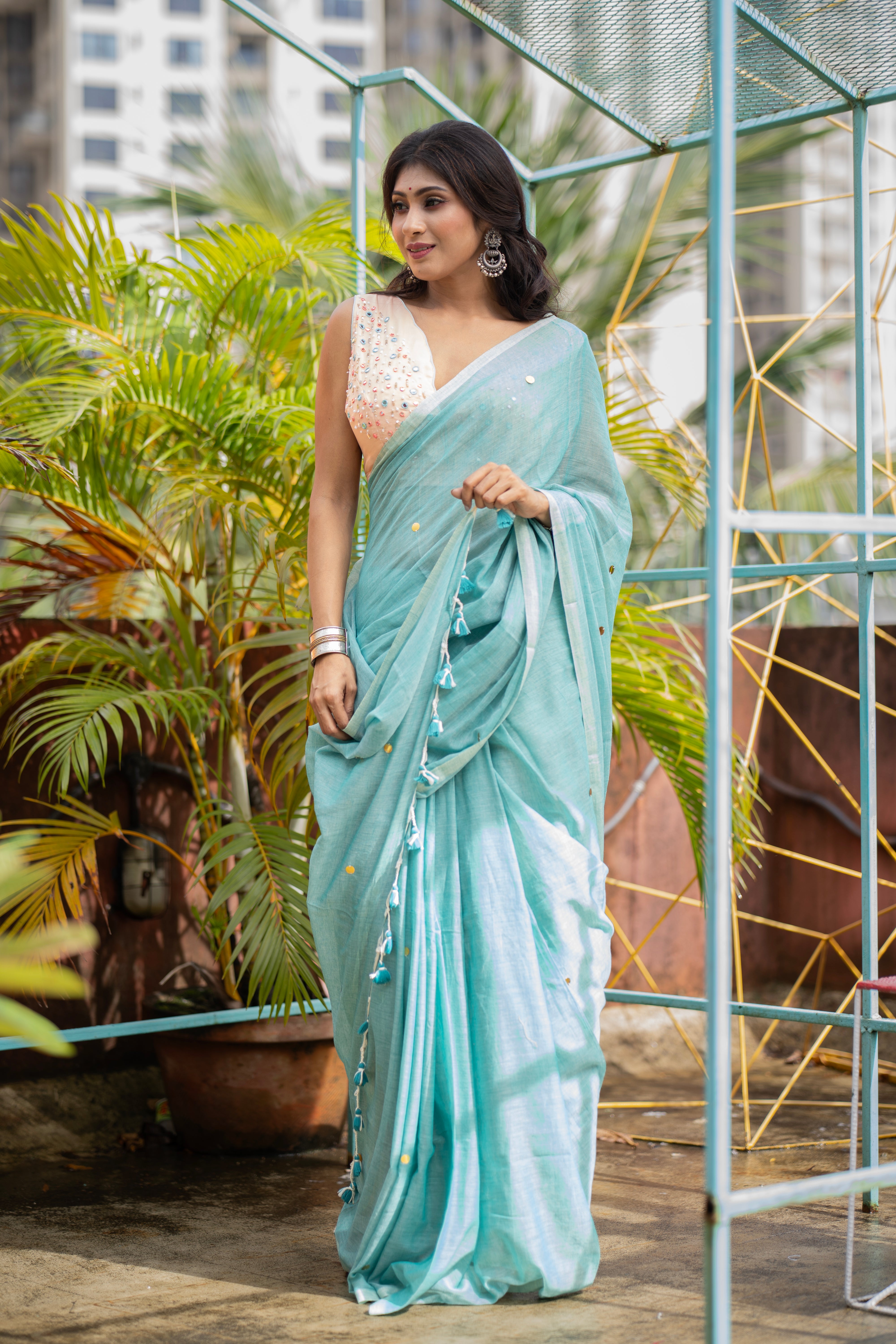 Light Blue Mul Mul Cotton Saree with Ginni Work