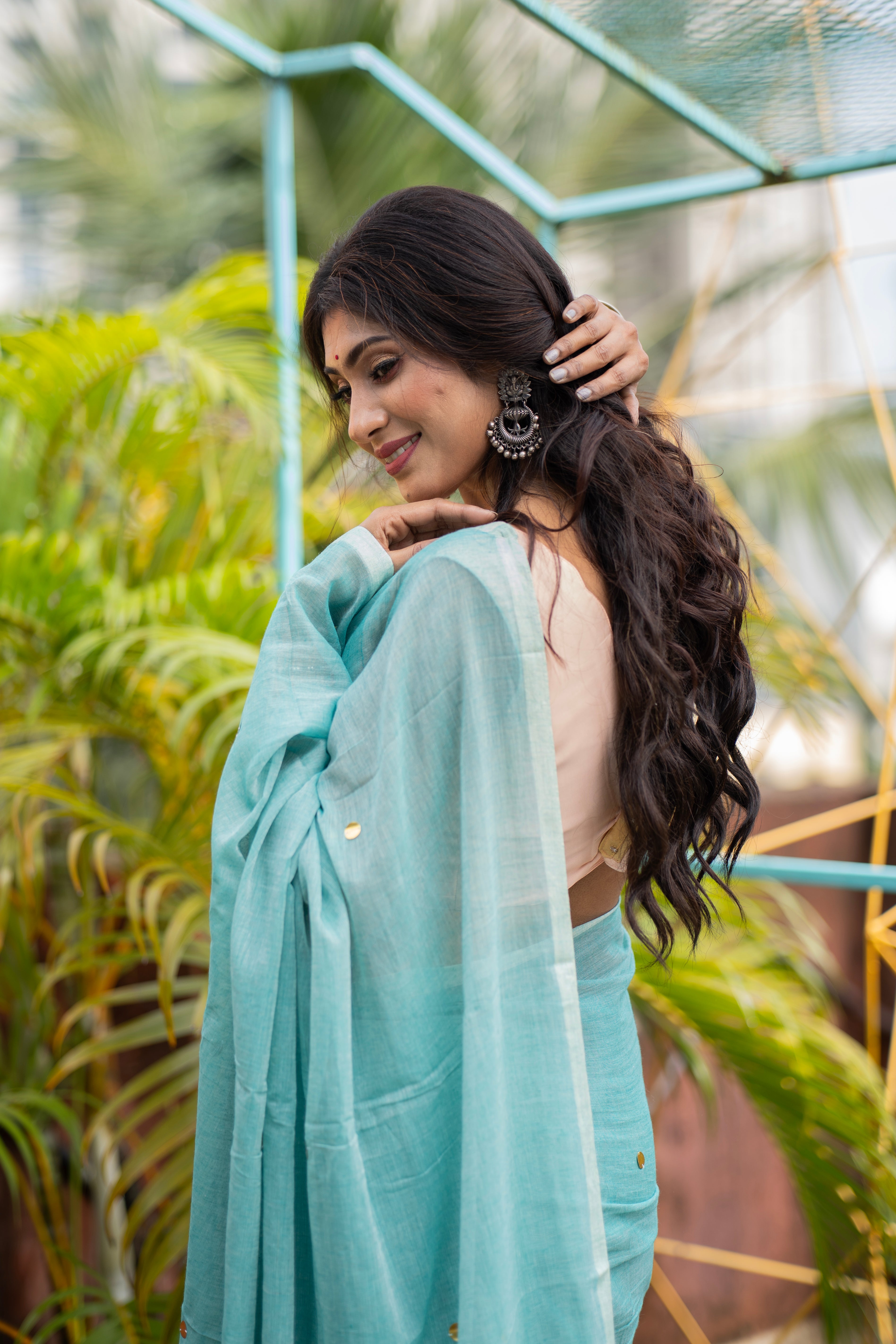 Light Blue Mul Mul Cotton Saree with Ginni Work