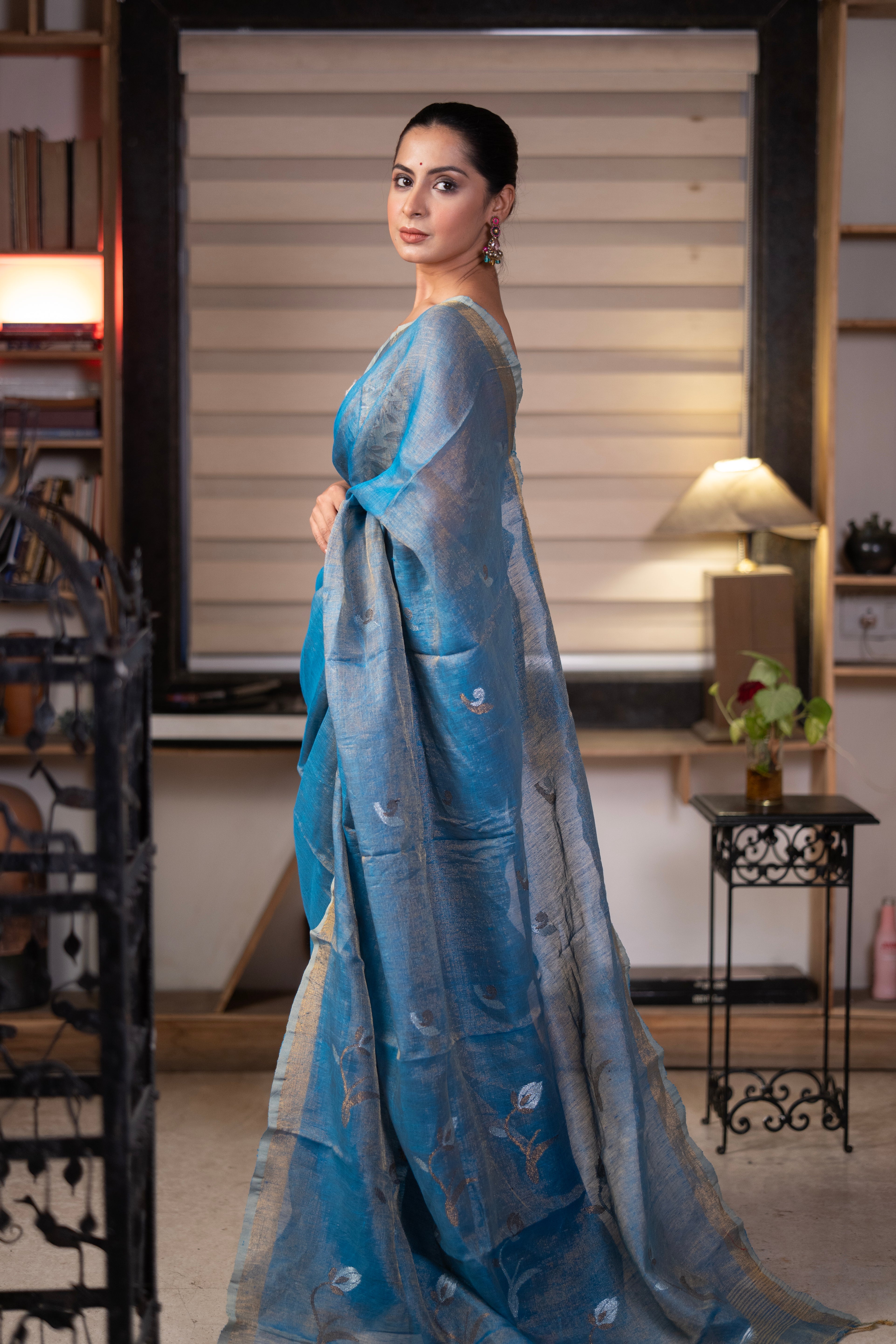 Blue Pure Tissue Linen Handwoven Tulip Saree