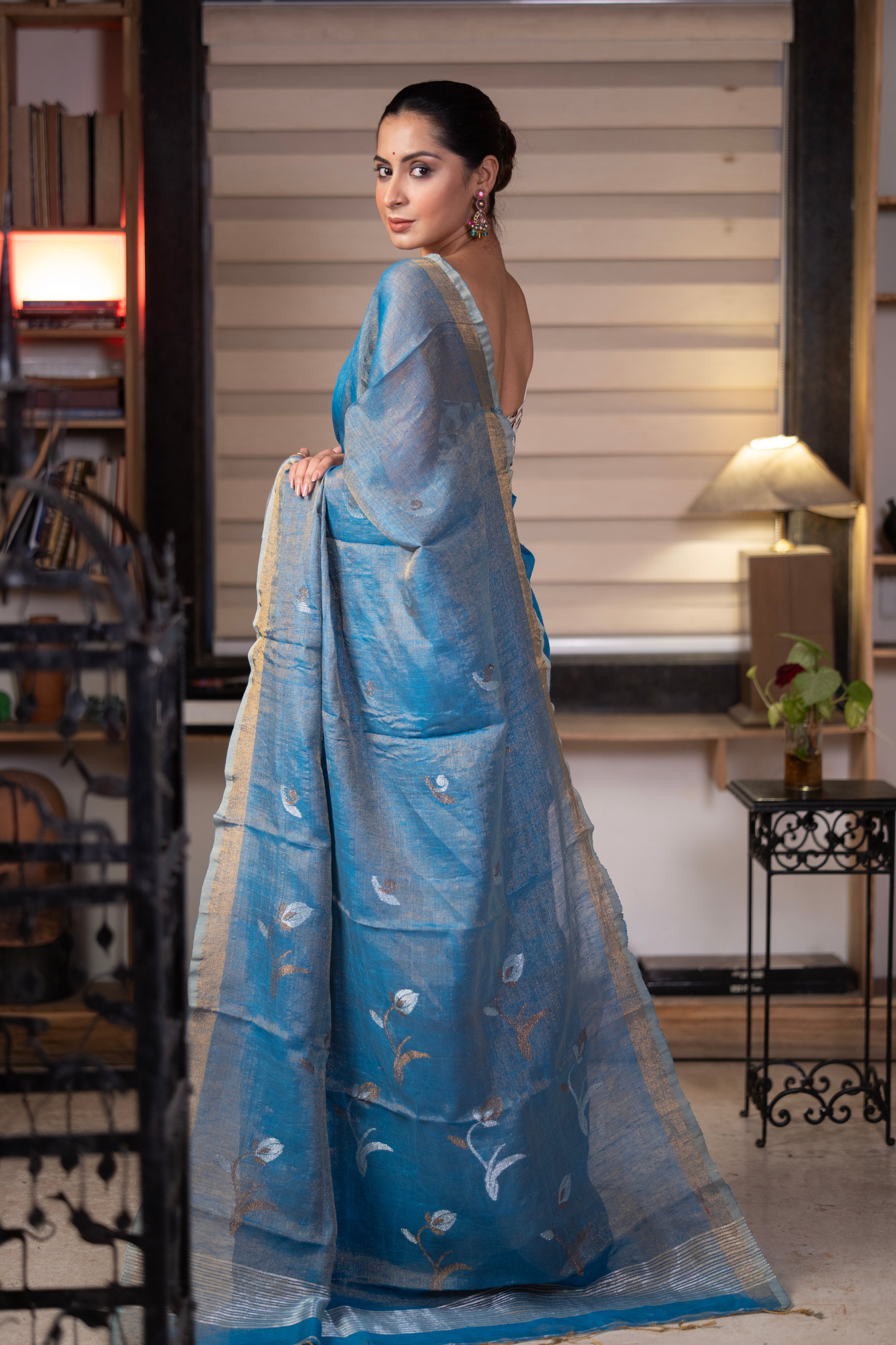 Blue Pure Tissue Linen Handwoven Tulip Saree