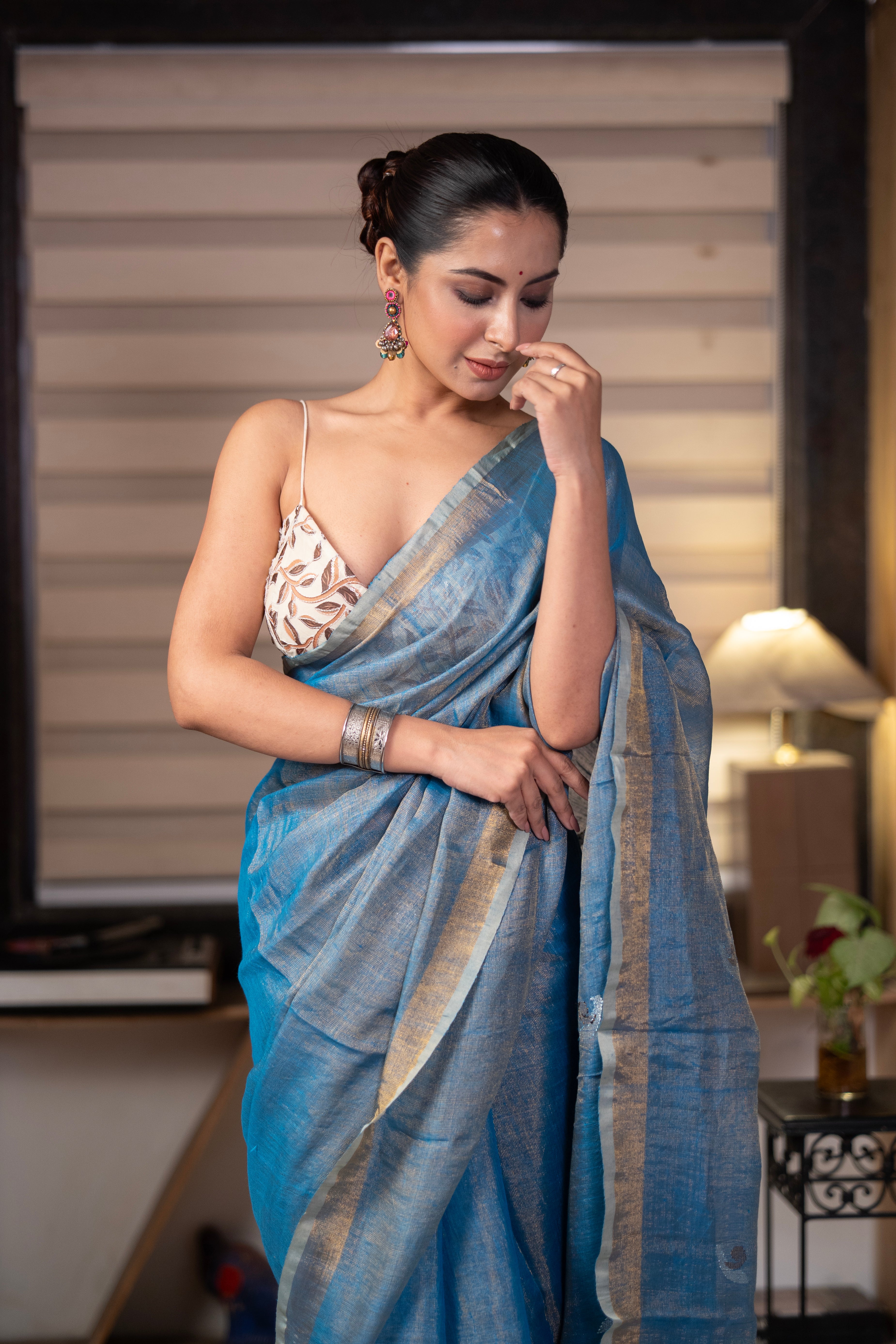 Blue Pure Tissue Linen Handwoven Tulip Saree