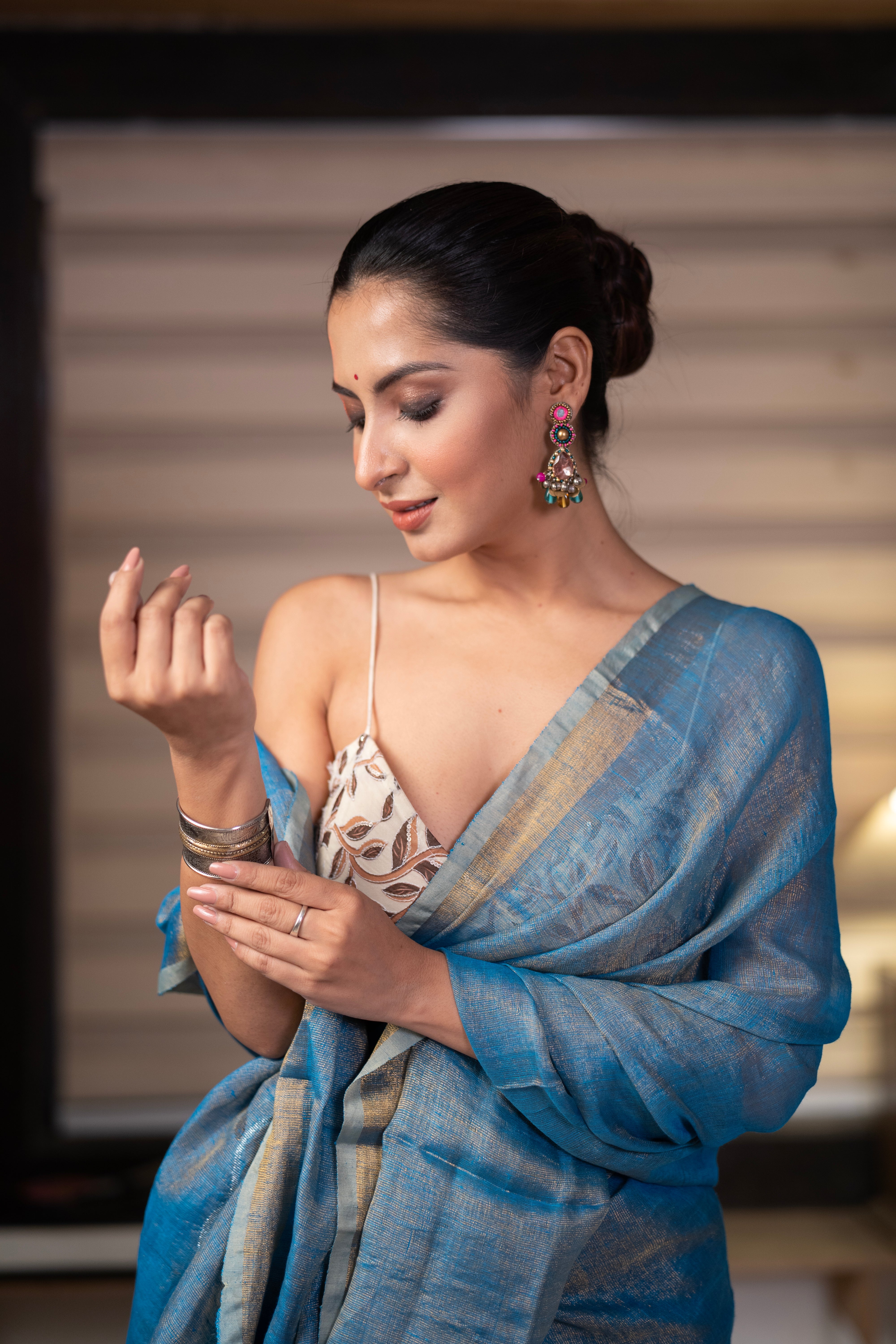 Blue Pure Tissue Linen Handwoven Tulip Saree