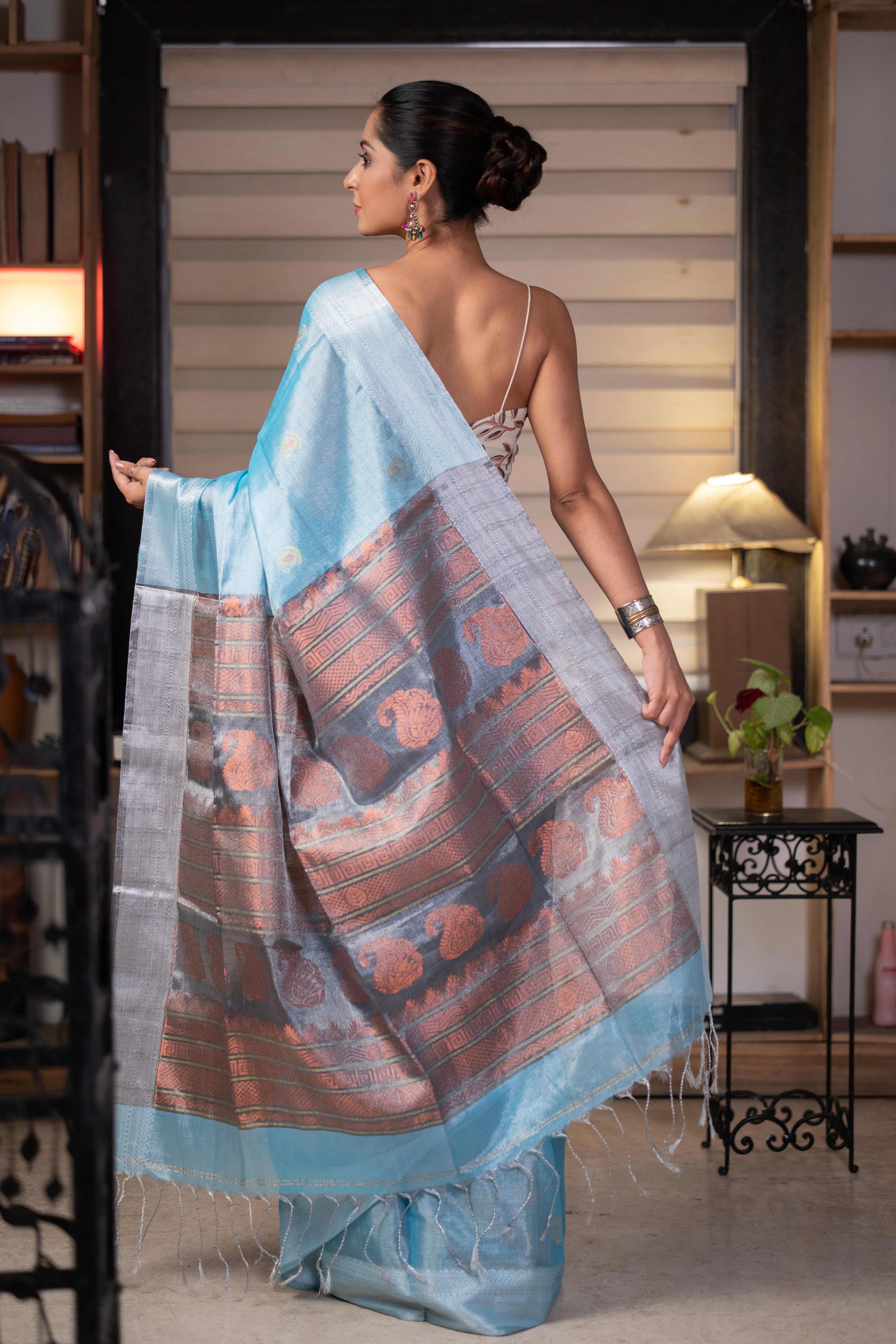 Metallic Cadet Blue Pure Tissue Linen Hand Woven Jamdani Saree