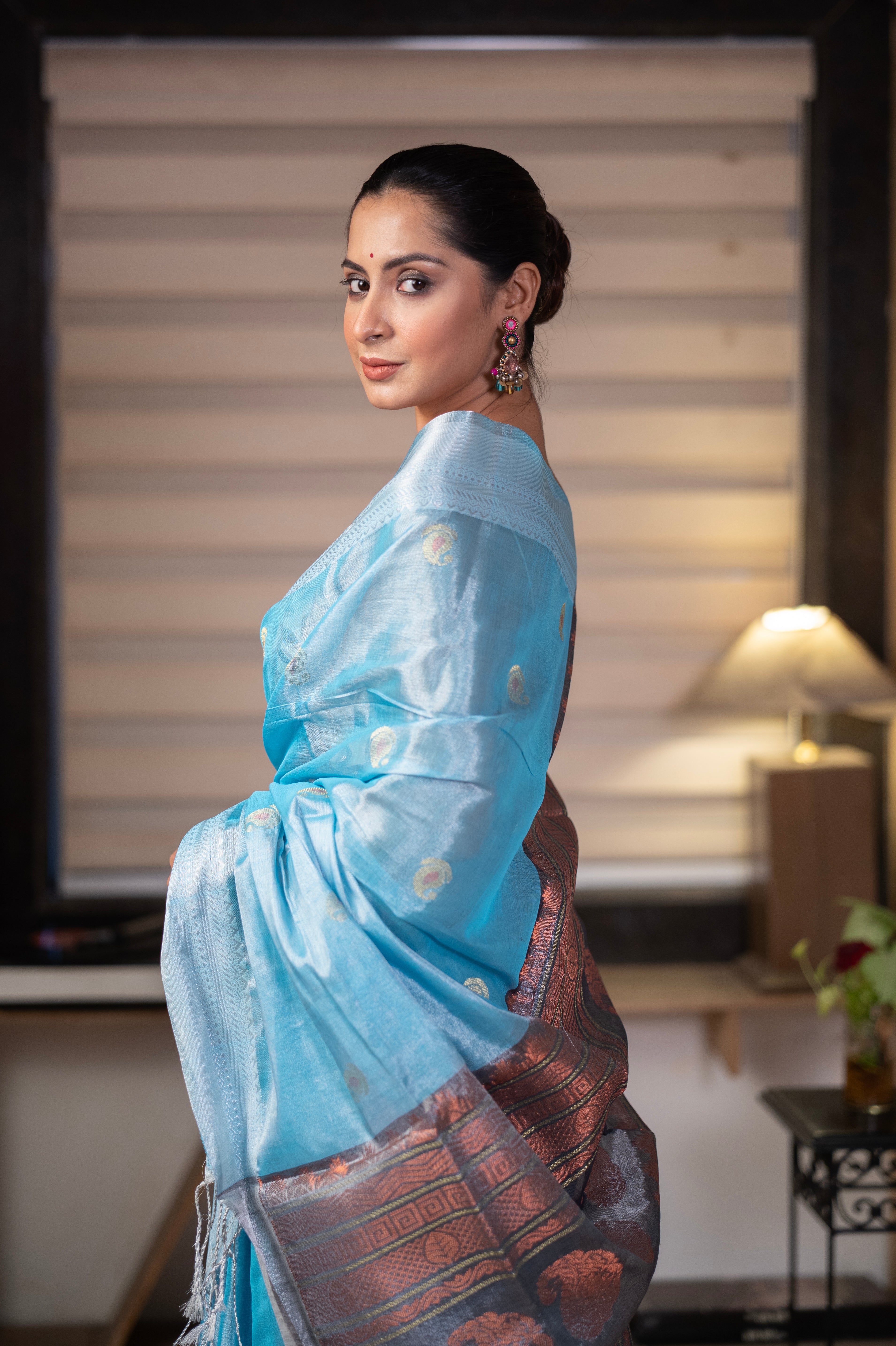 Metallic Cadet Blue Pure Tissue Linen Hand Woven Jamdani Saree