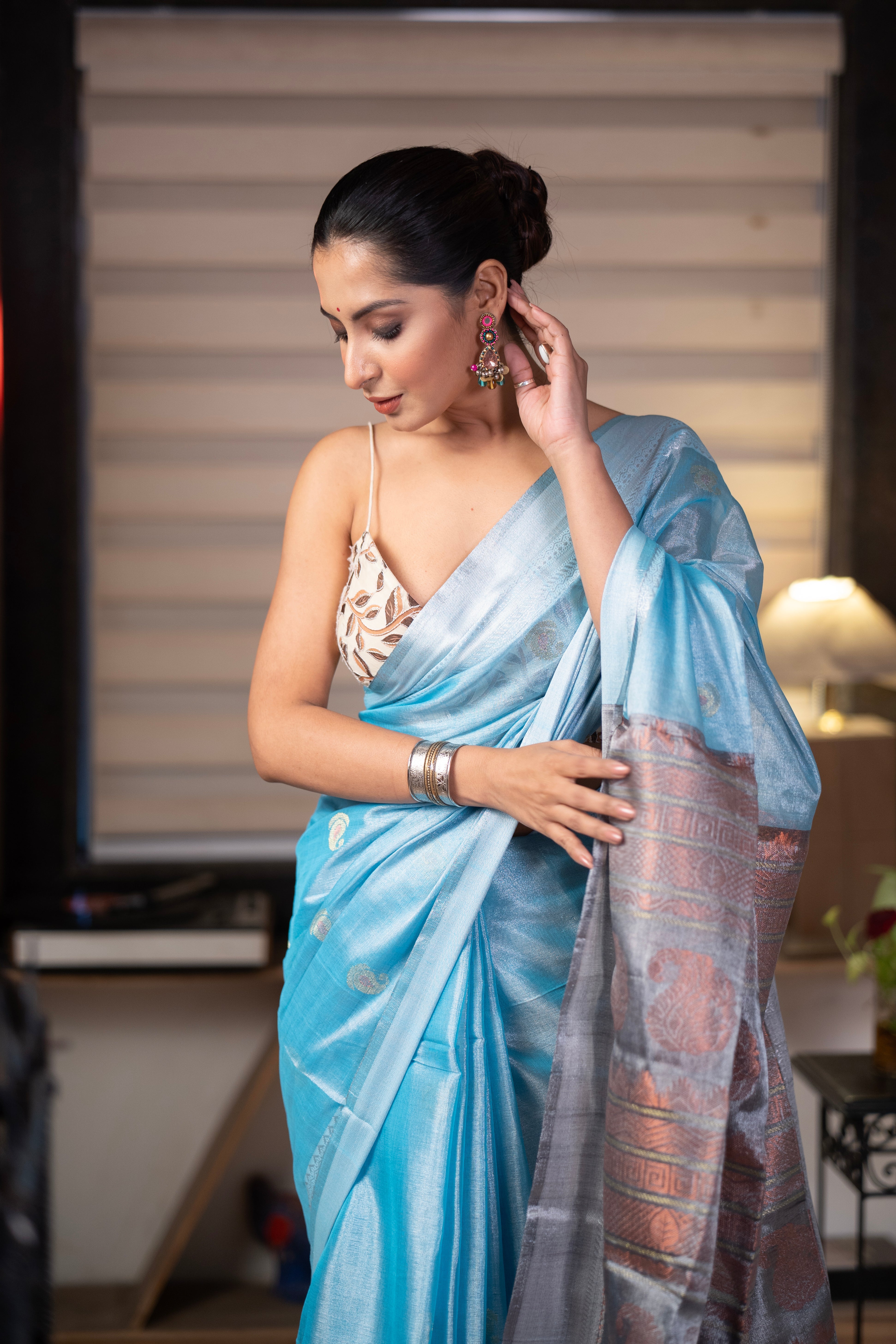 Metallic Cadet Blue Pure Tissue Linen Hand Woven Jamdani Saree
