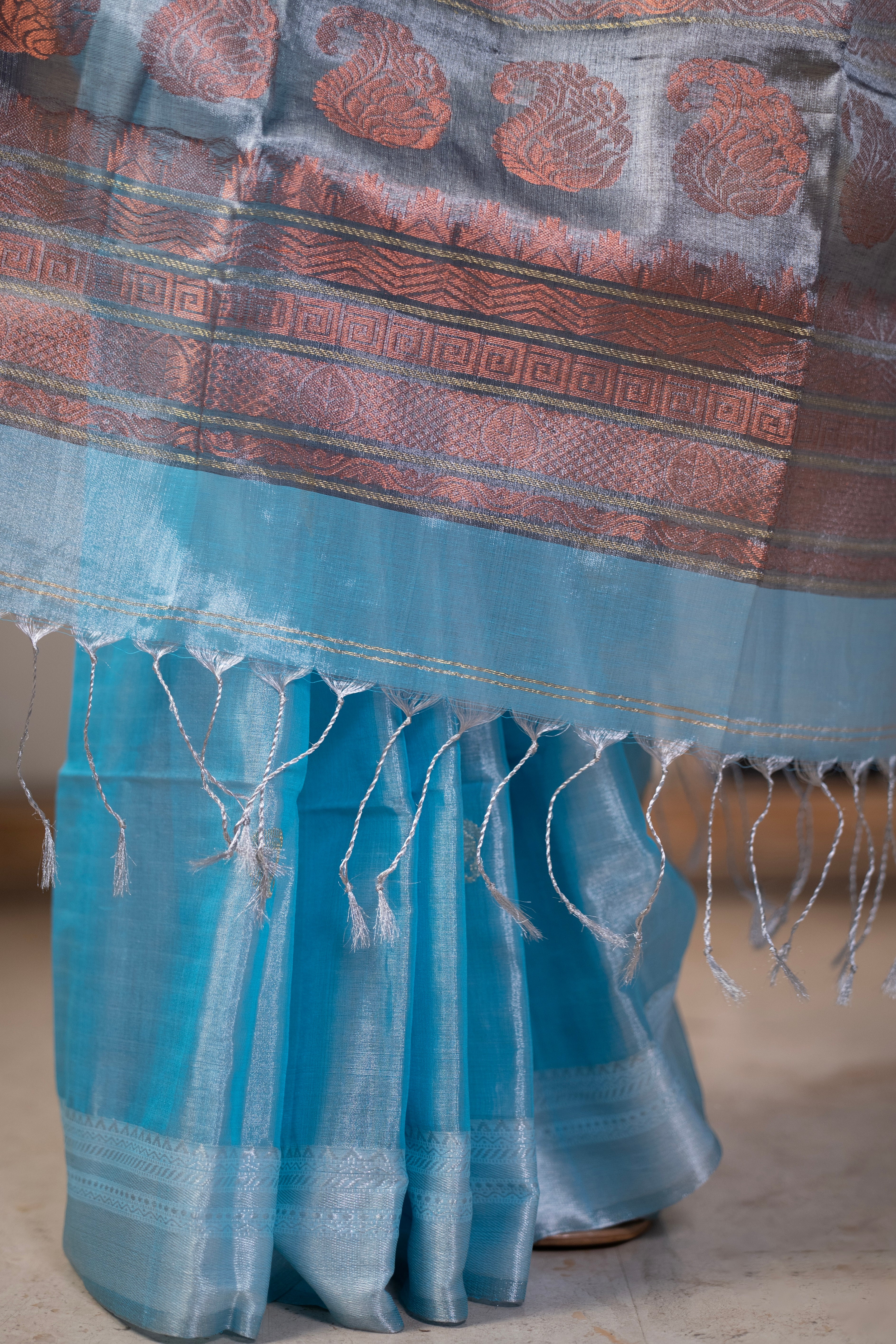 Metallic Cadet Blue Pure Tissue Linen Hand Woven Jamdani Saree