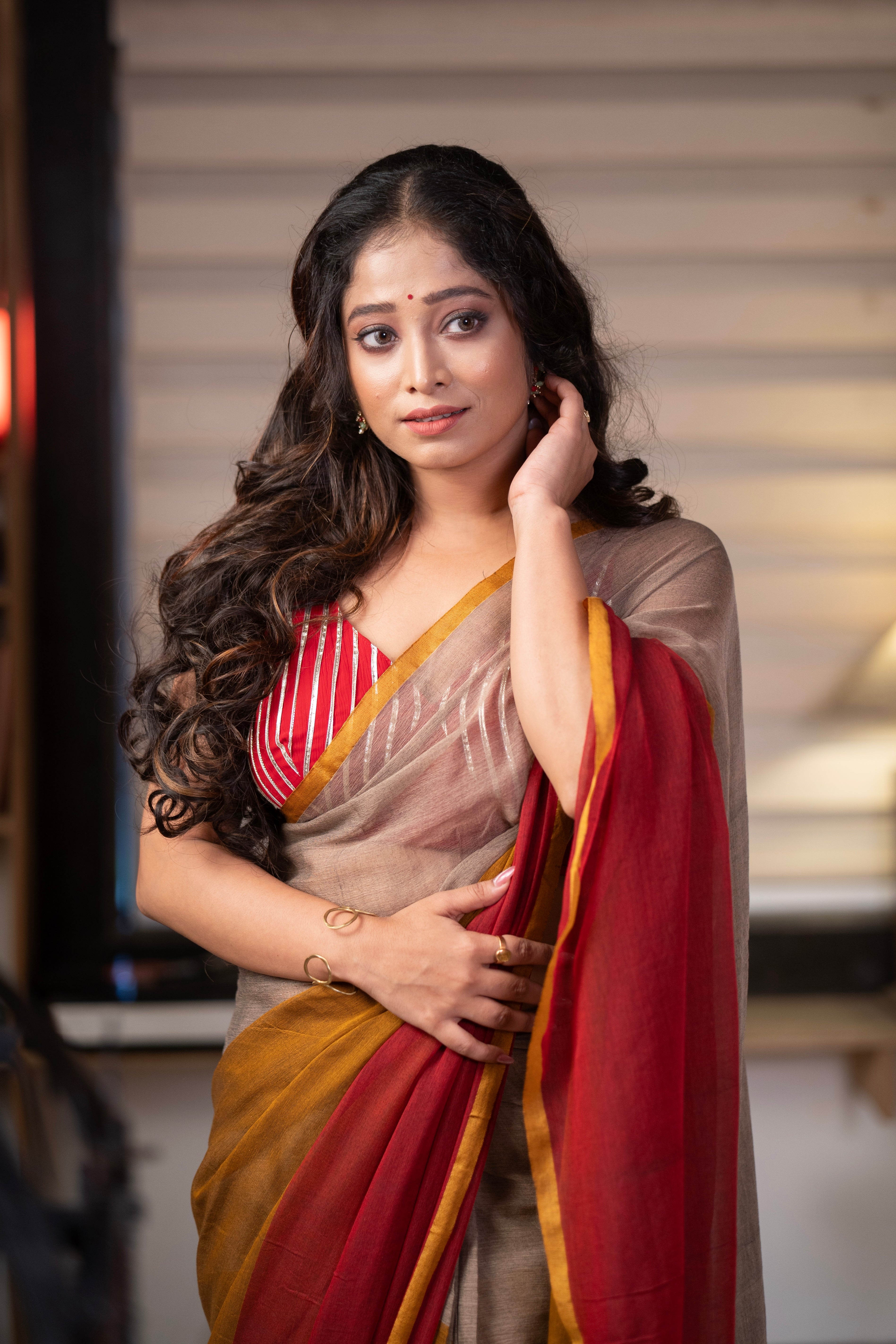 Maroon multicolour Mul Mul Cotton Saree