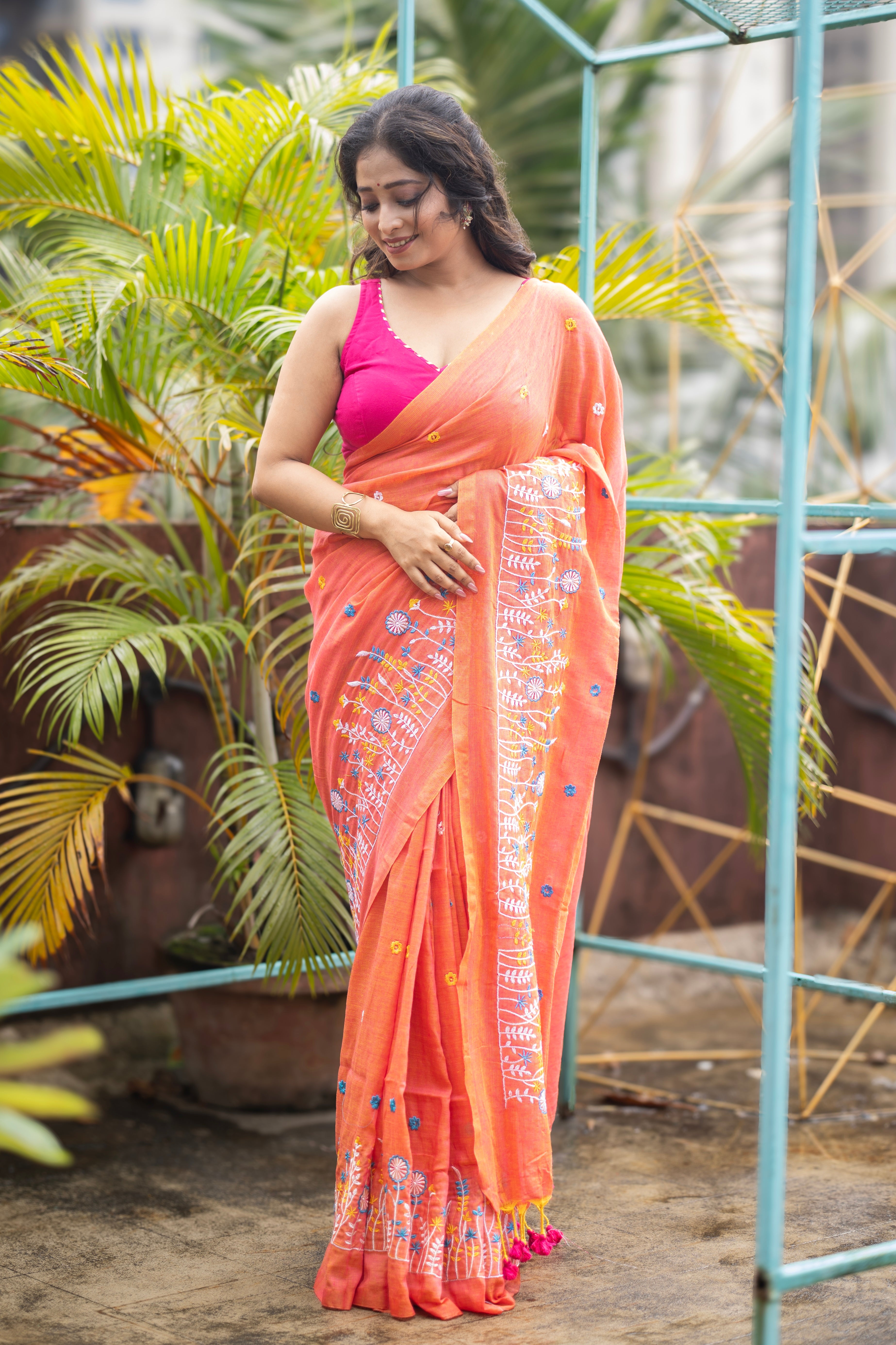 Soft khadi Cotton Embroidery Saree-orange