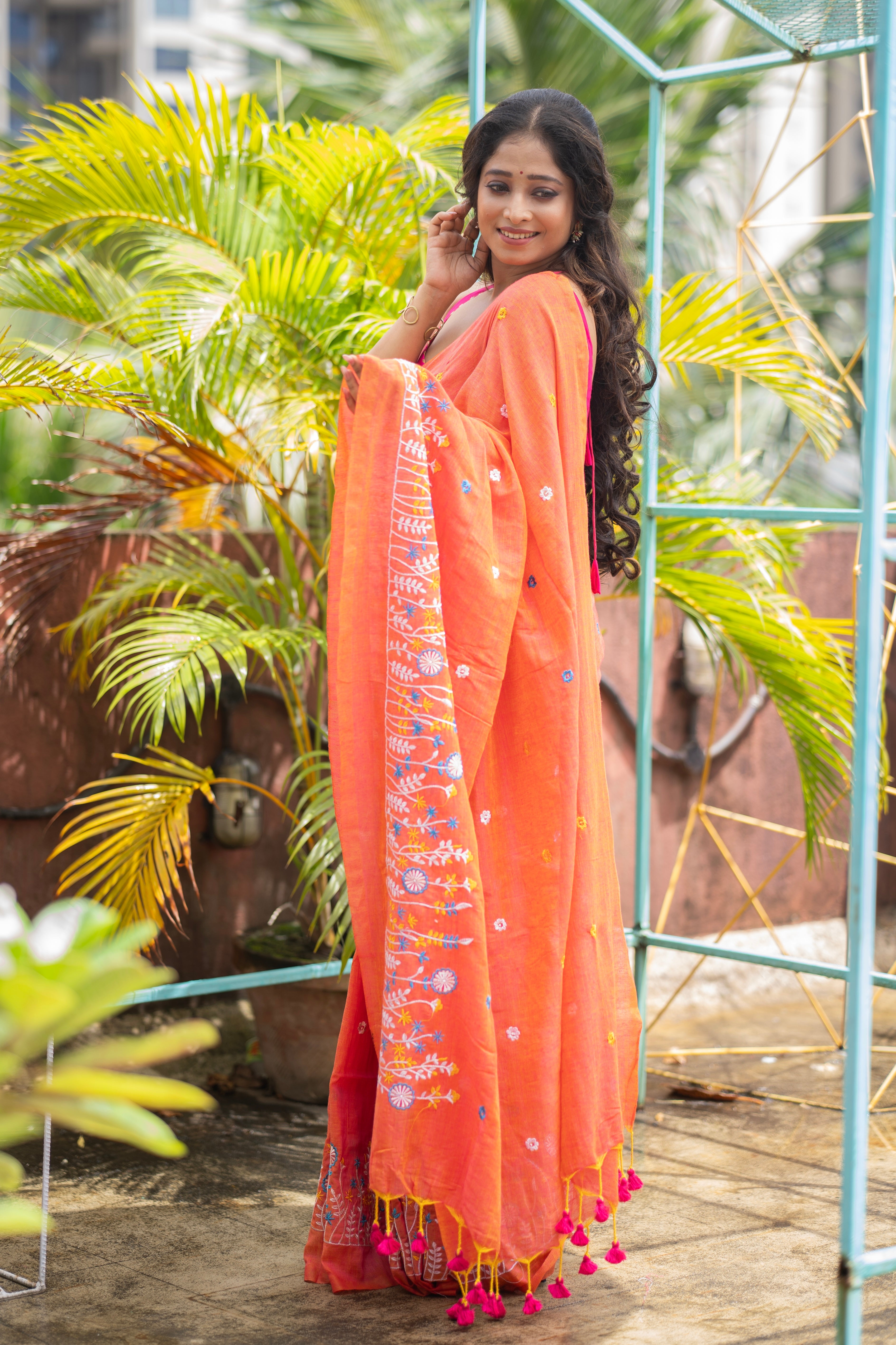 Soft khadi Cotton Embroidery Saree-orange
