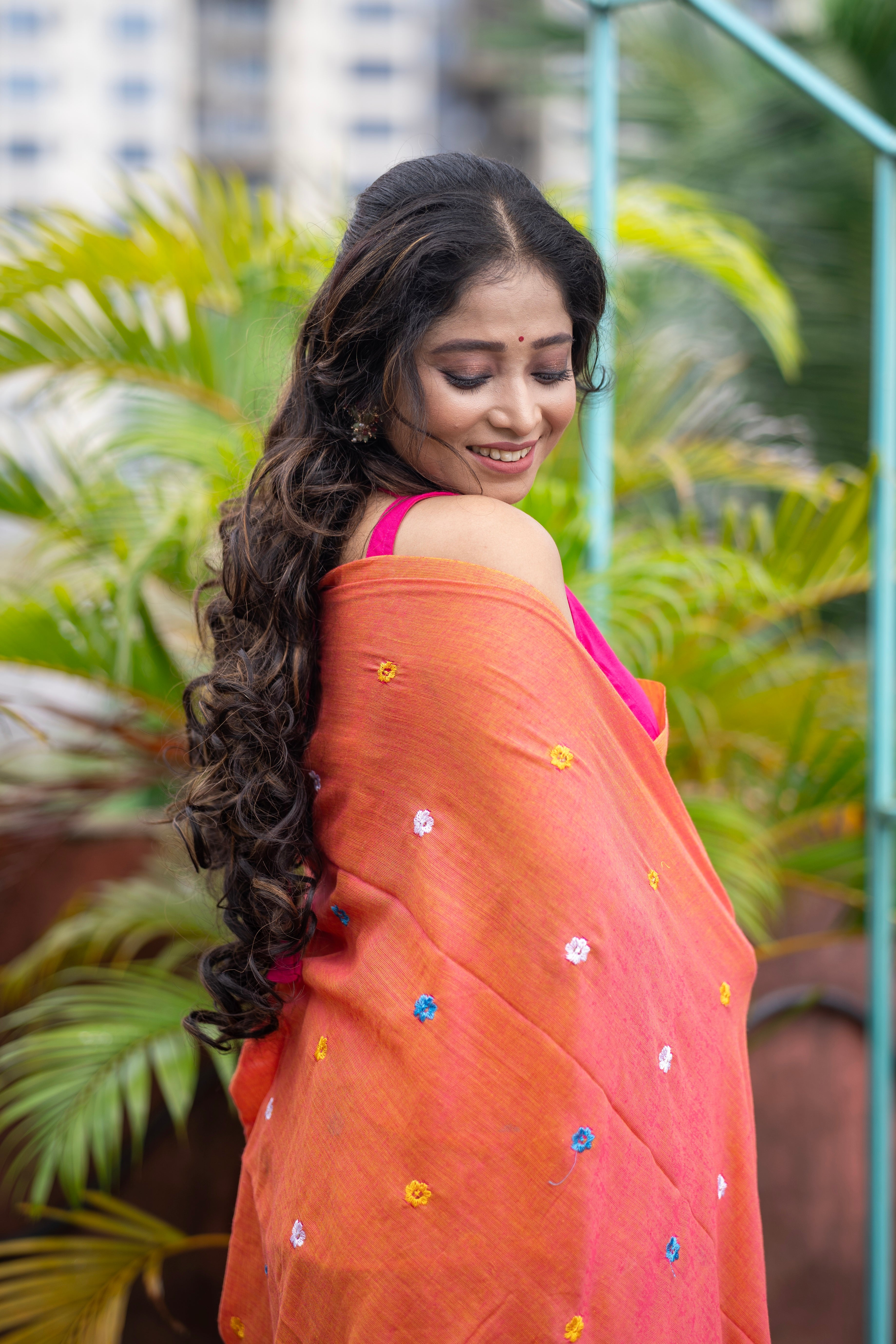 Soft khadi Cotton Embroidery Saree-orange