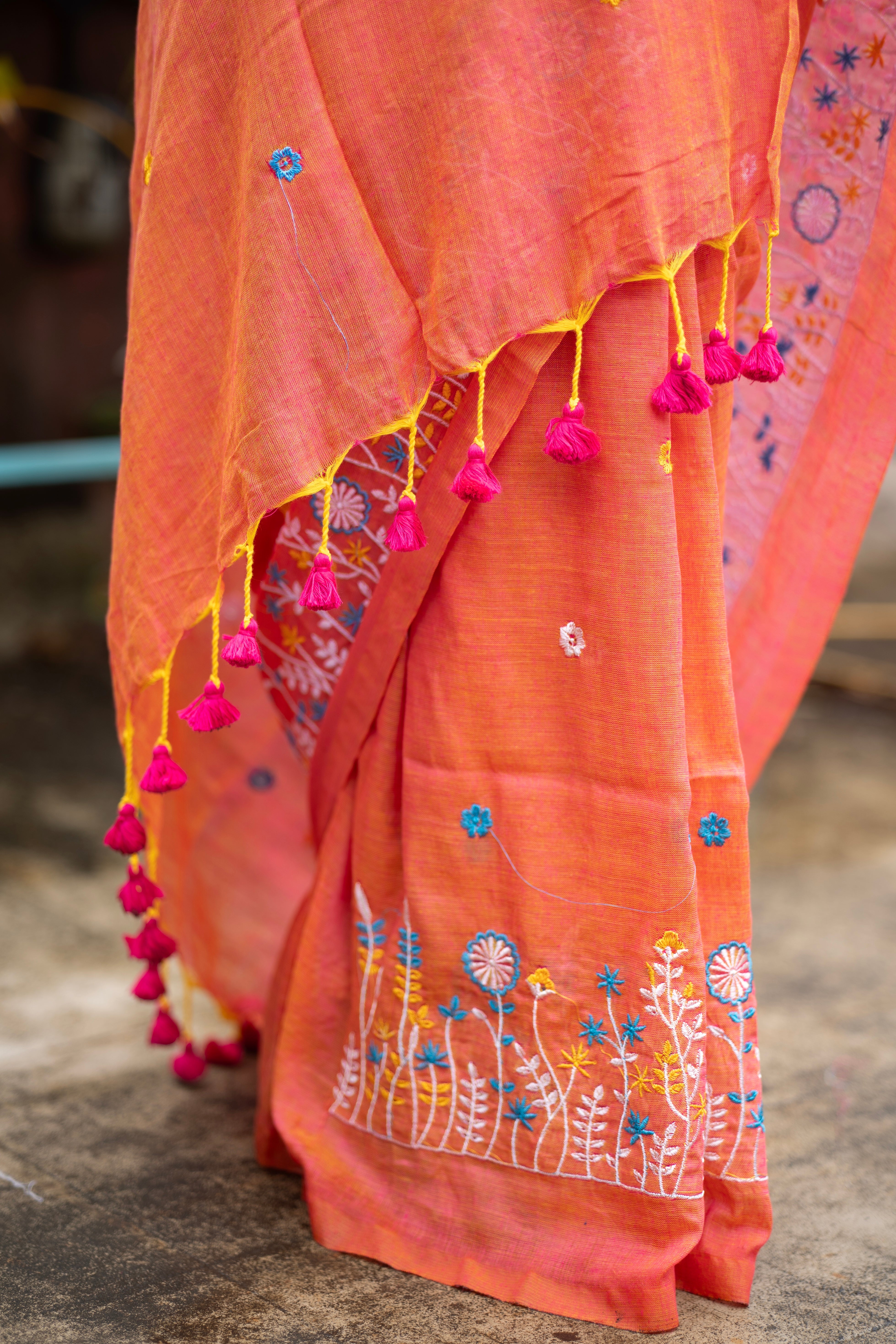 Soft khadi Cotton Embroidery Saree-orange