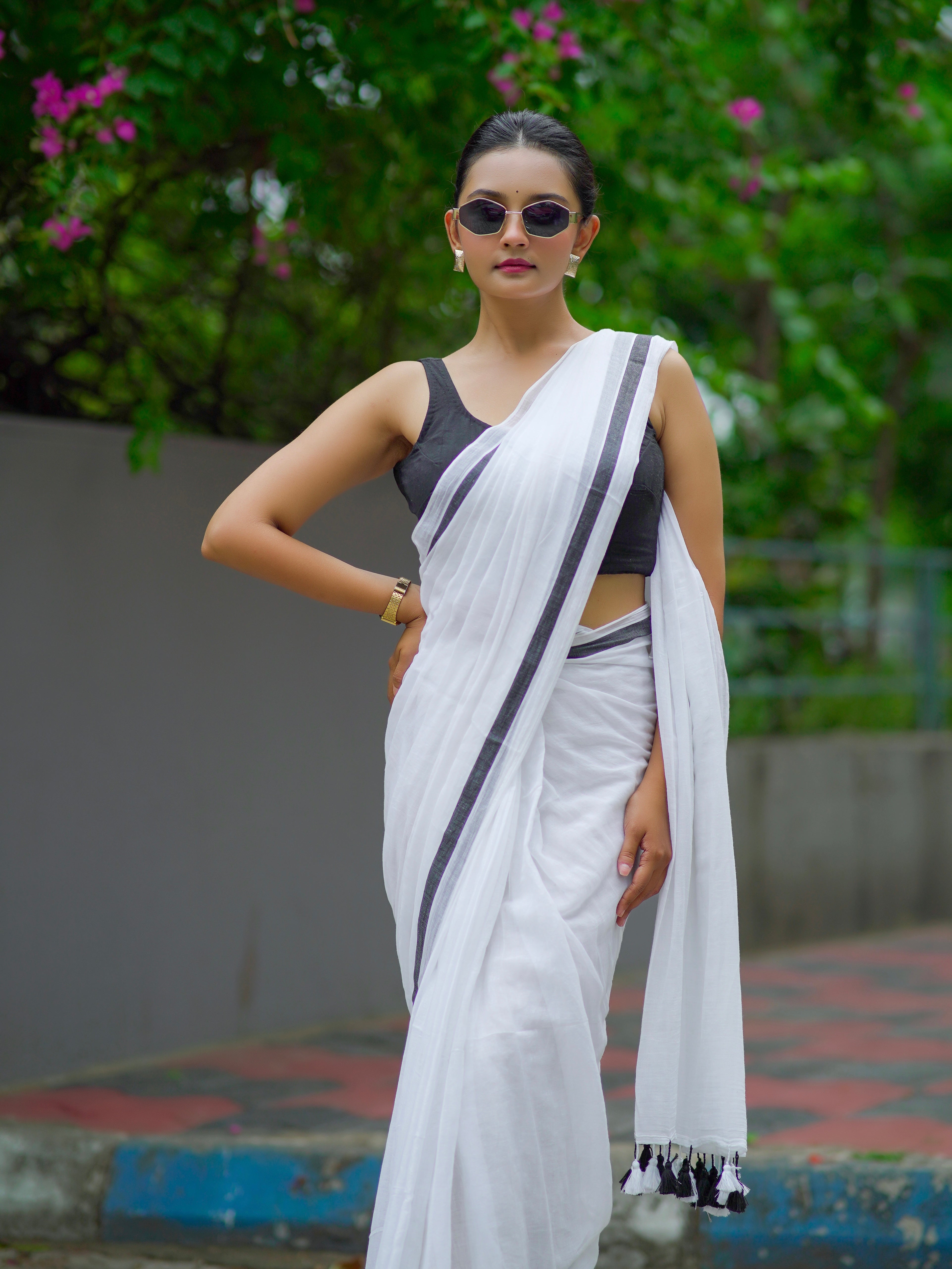 Pure Mul Mul Cotton Saree- Black White