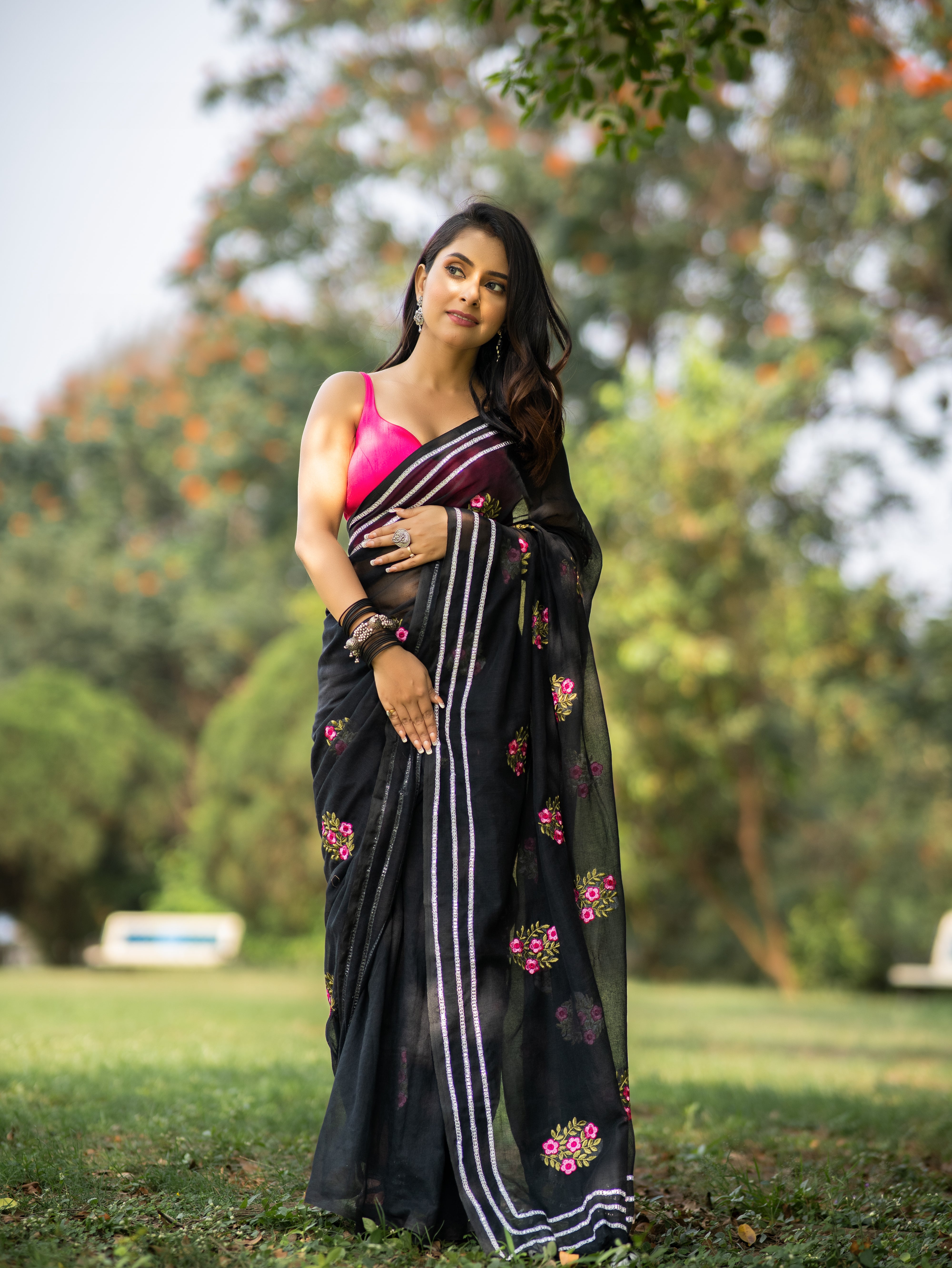 Black Mul Mul Cotton Saree With Embroidery