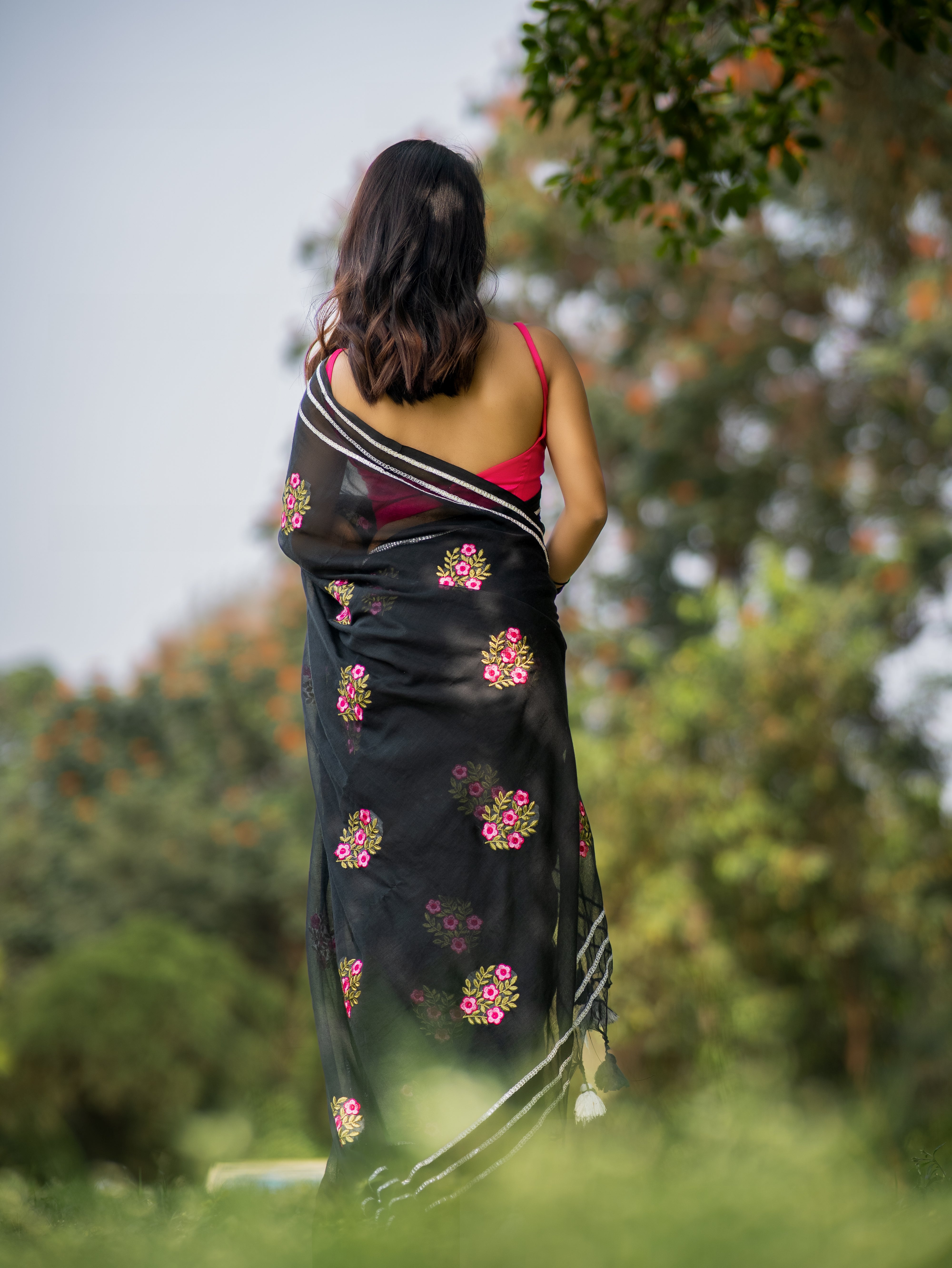Black Mul Mul Cotton Saree With Embroidery