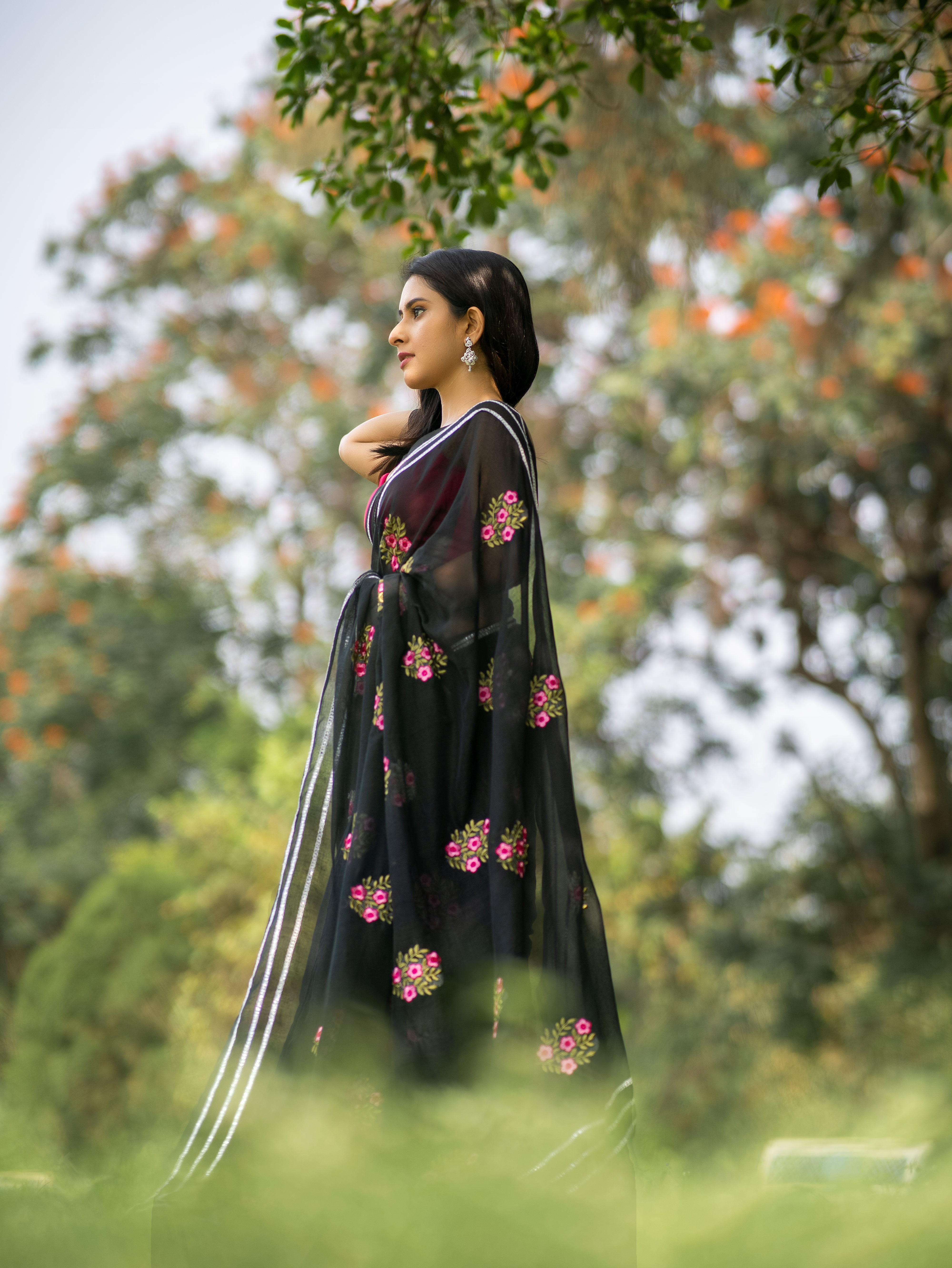 Black Mul Mul Cotton Saree With Embroidery