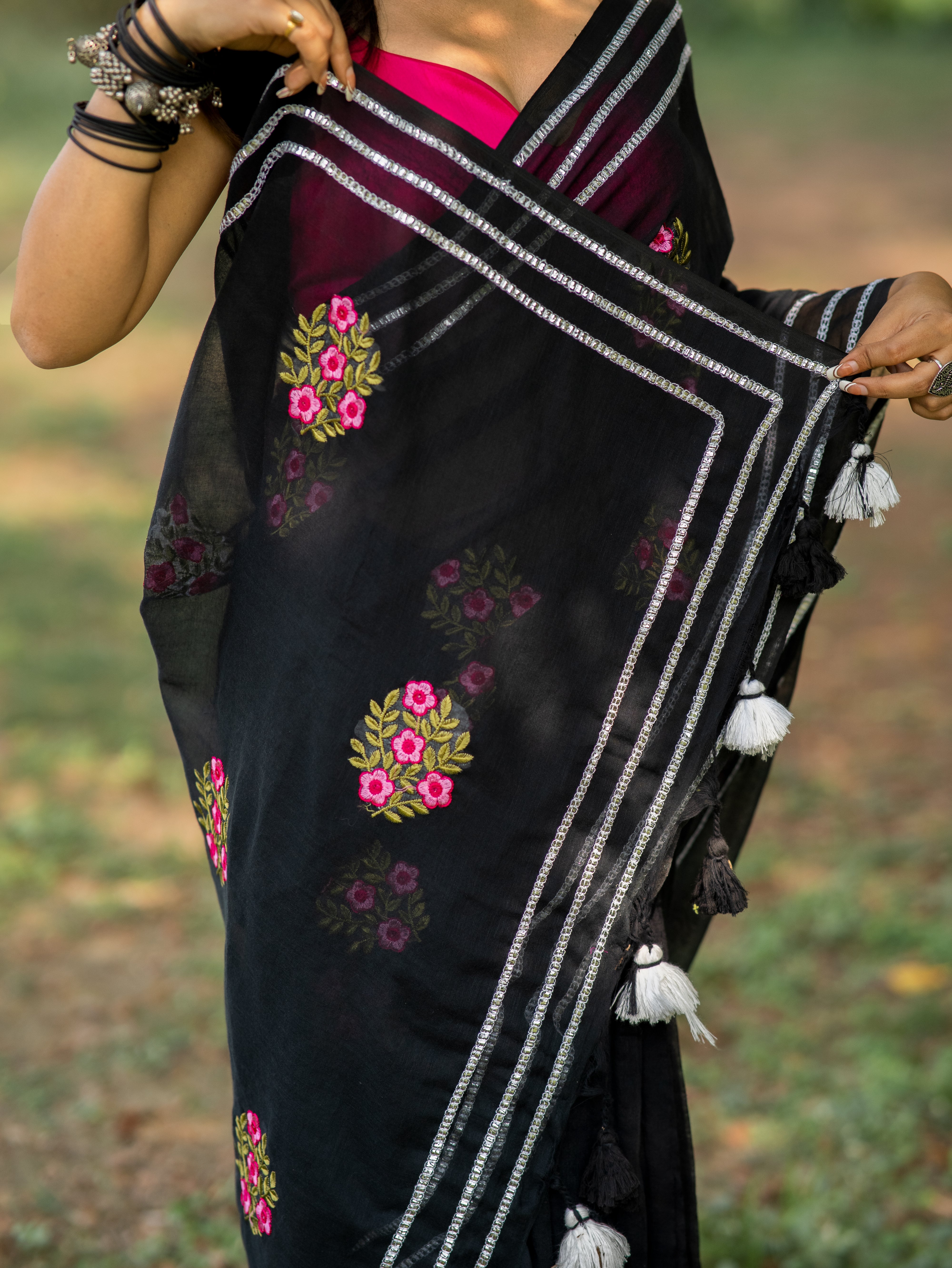 Black Mul Mul Cotton Saree With Embroidery