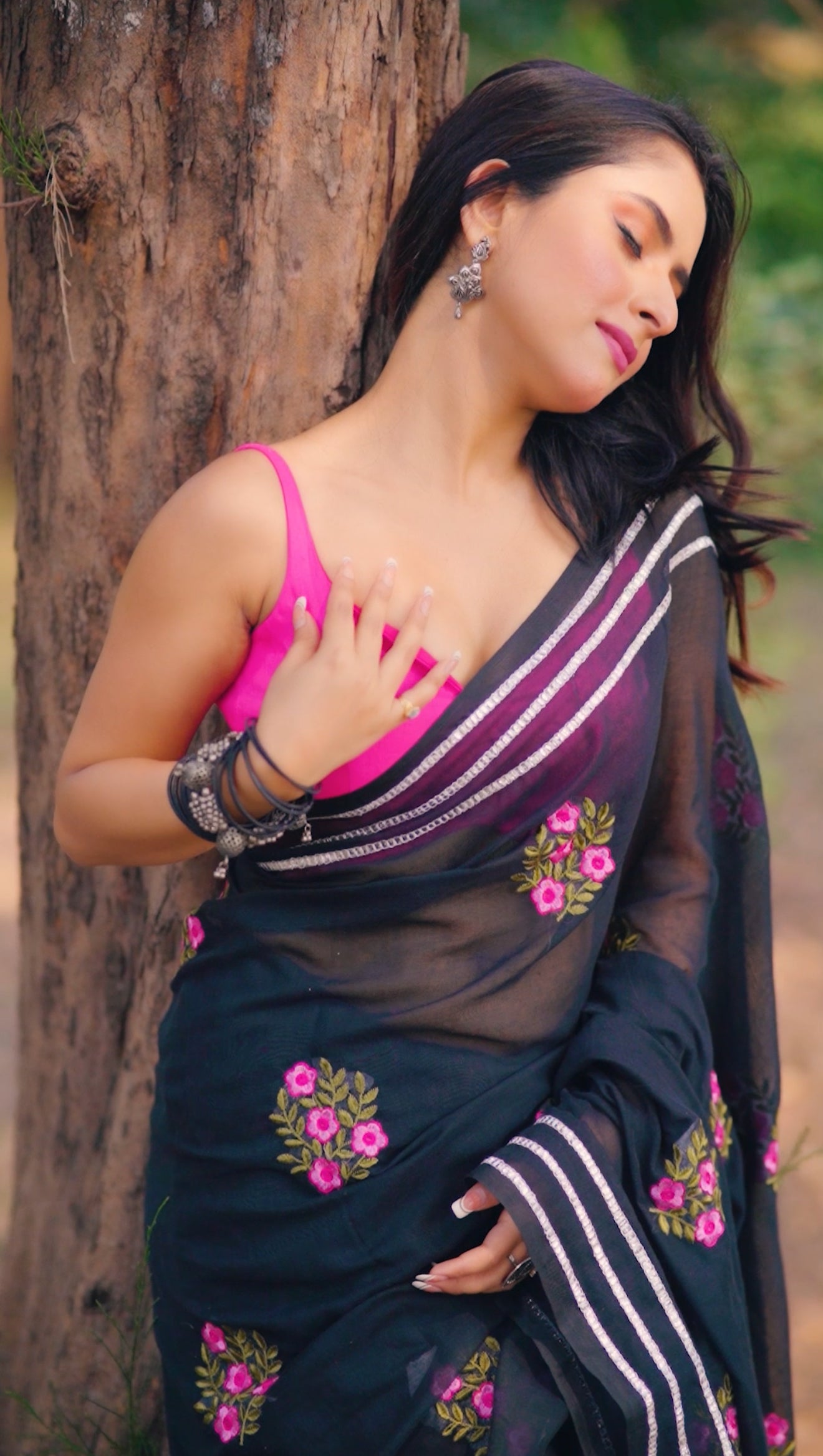 Black Mul Mul Cotton Saree With Embroidery