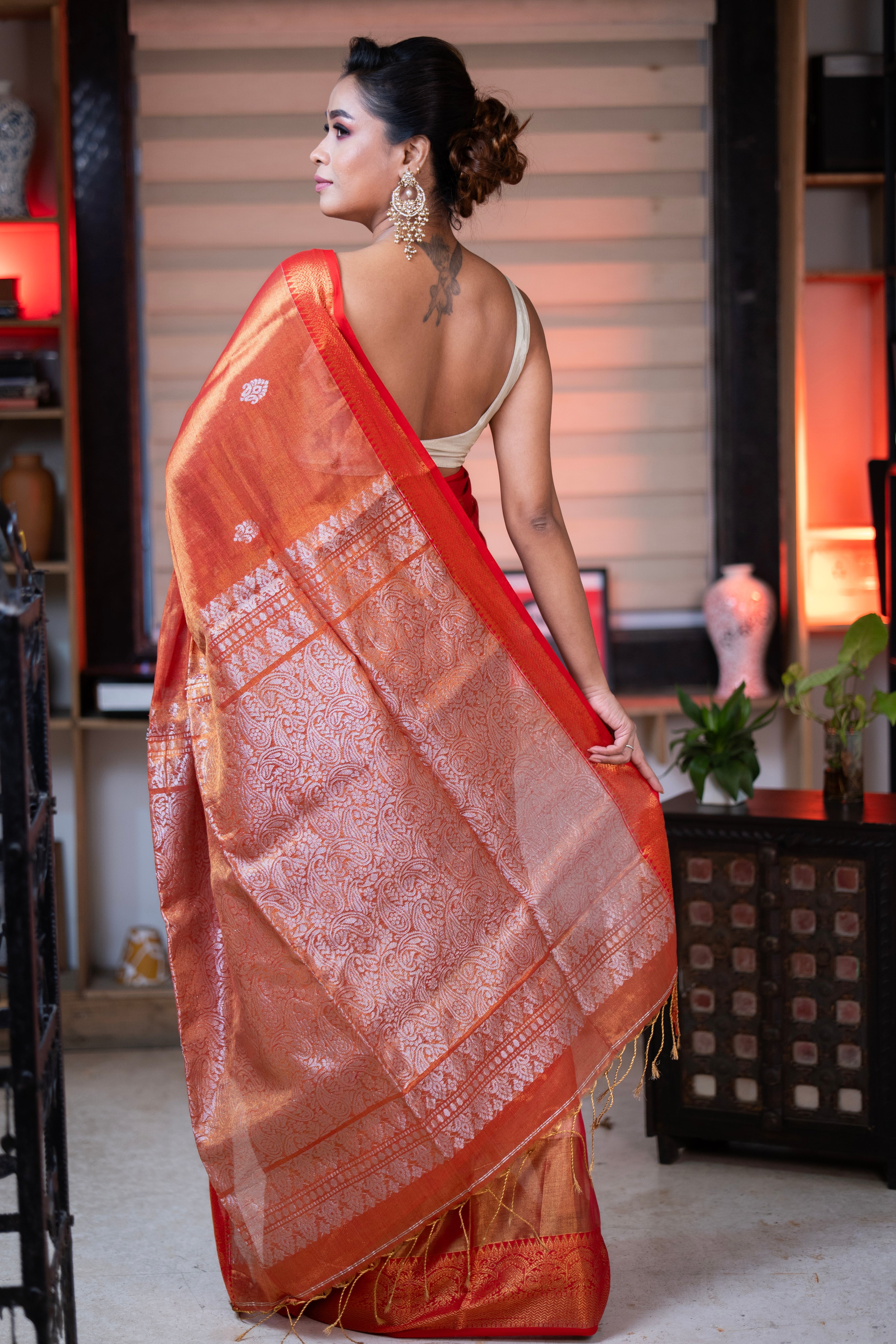 Metallic Orange Tissue Linen Handwoven Saree
