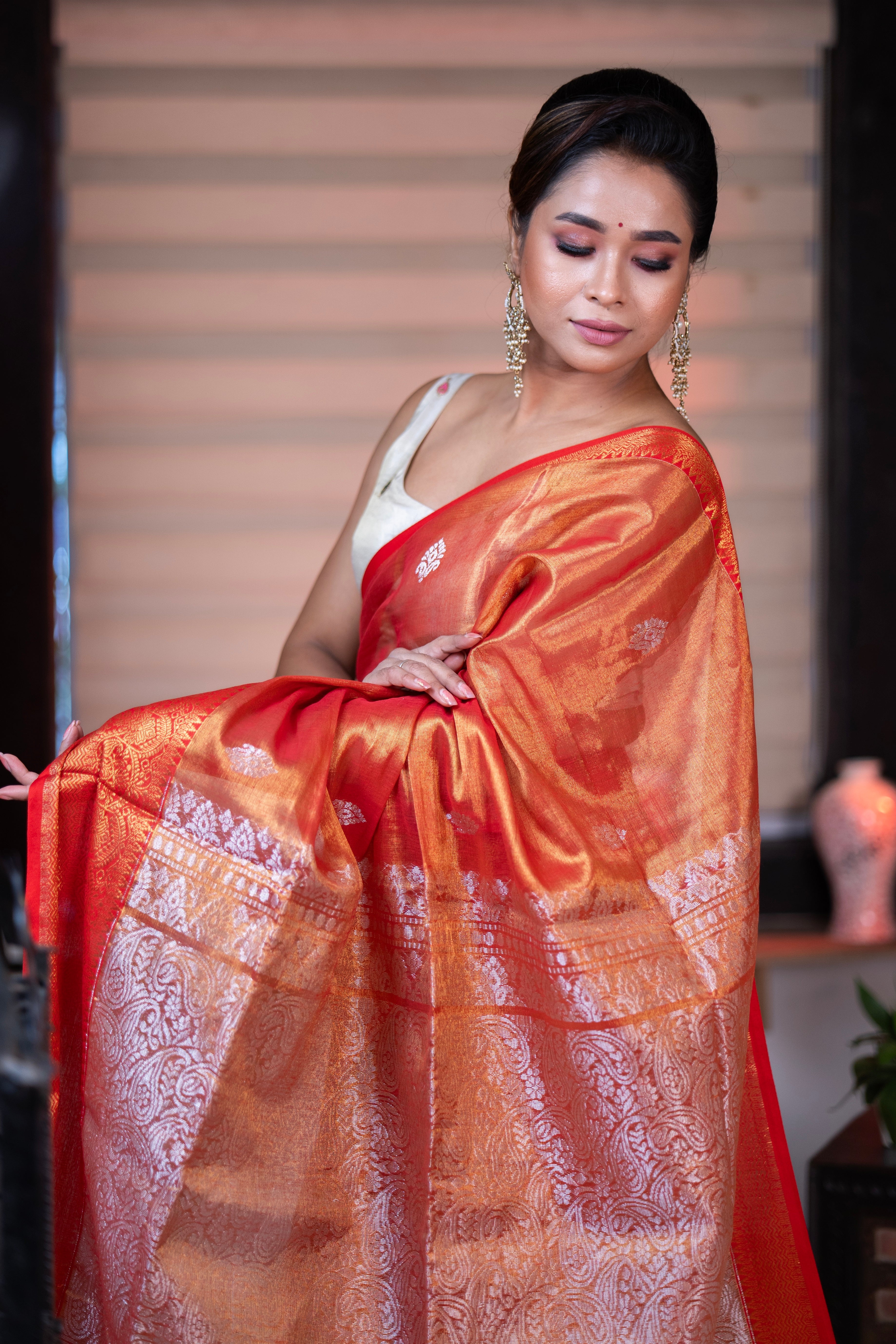 Metallic Orange Tissue Linen Handwoven Saree