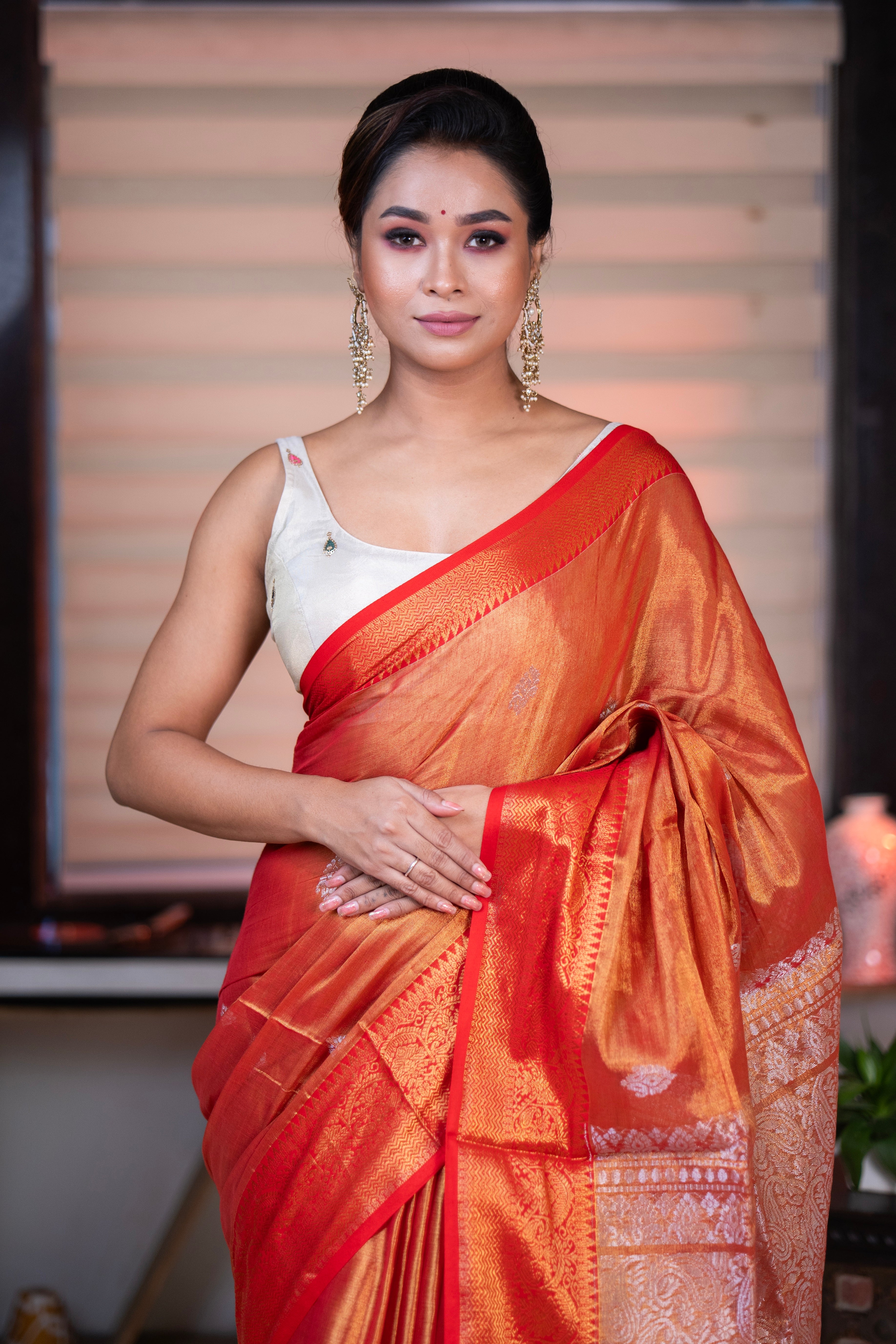 Metallic Orange Tissue Linen Handwoven Saree