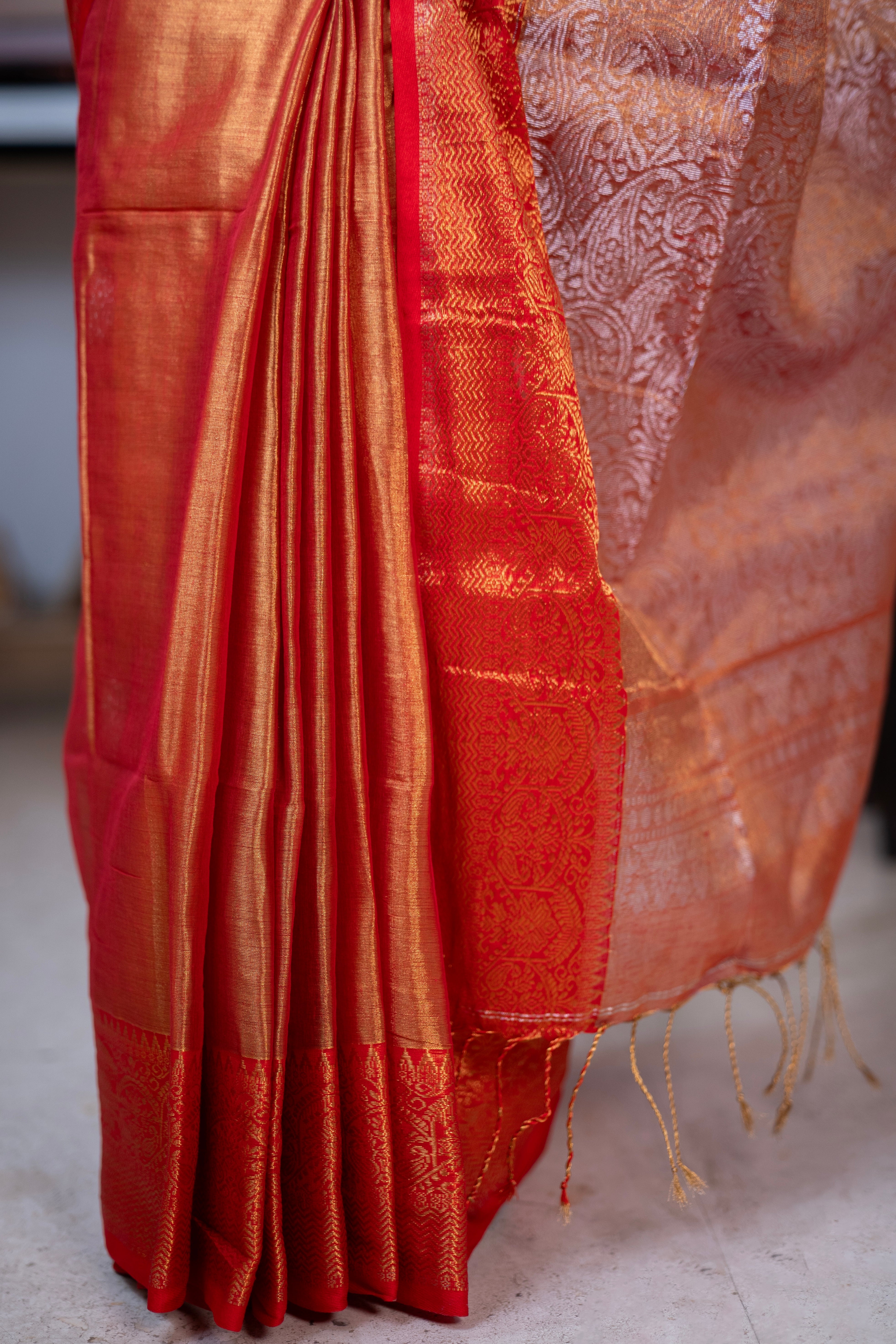 Metallic Orange Tissue Linen Handwoven Saree
