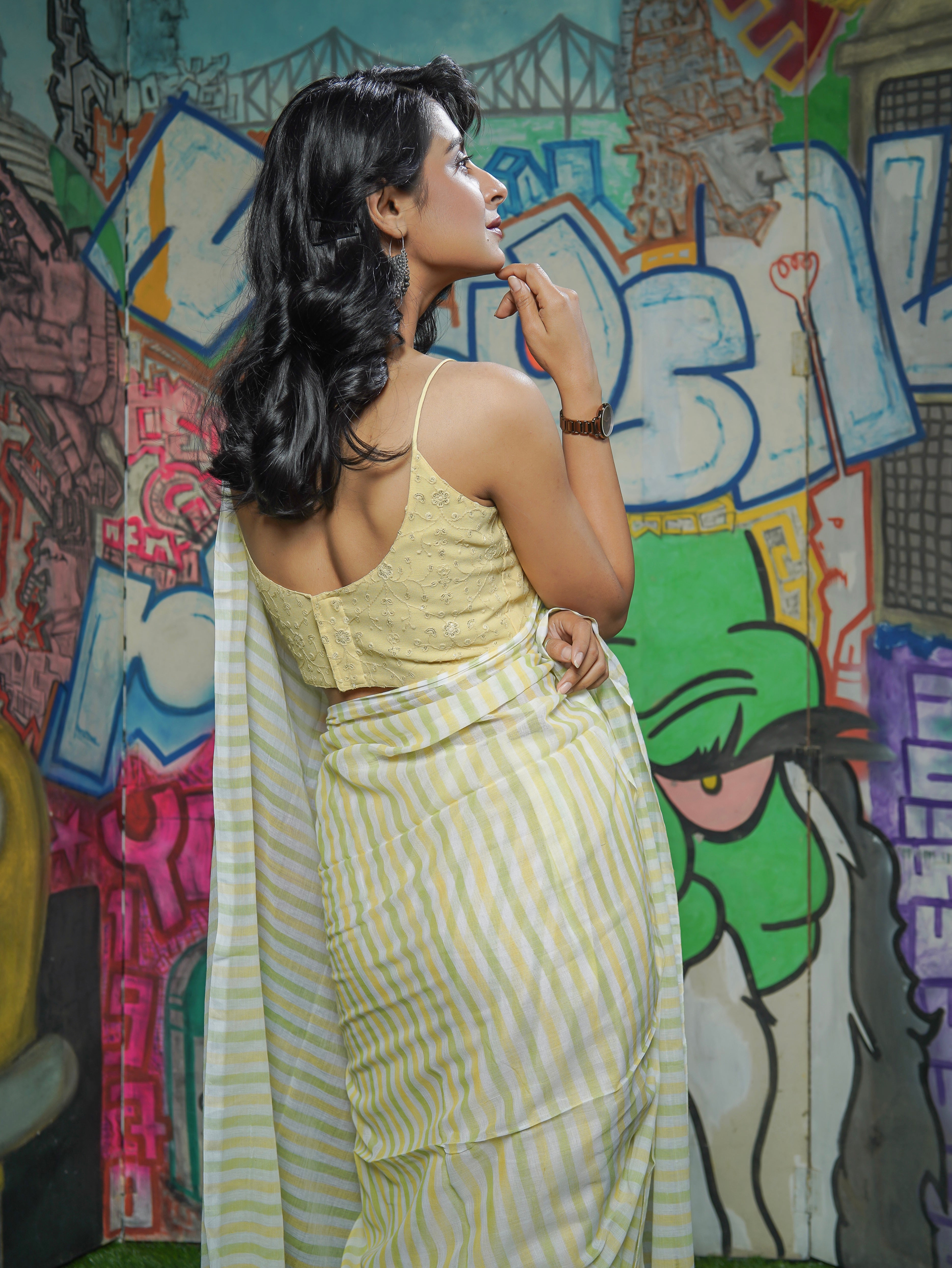 Yellow & Green Multicolour Stripes Mul Mul Cotton Saree
