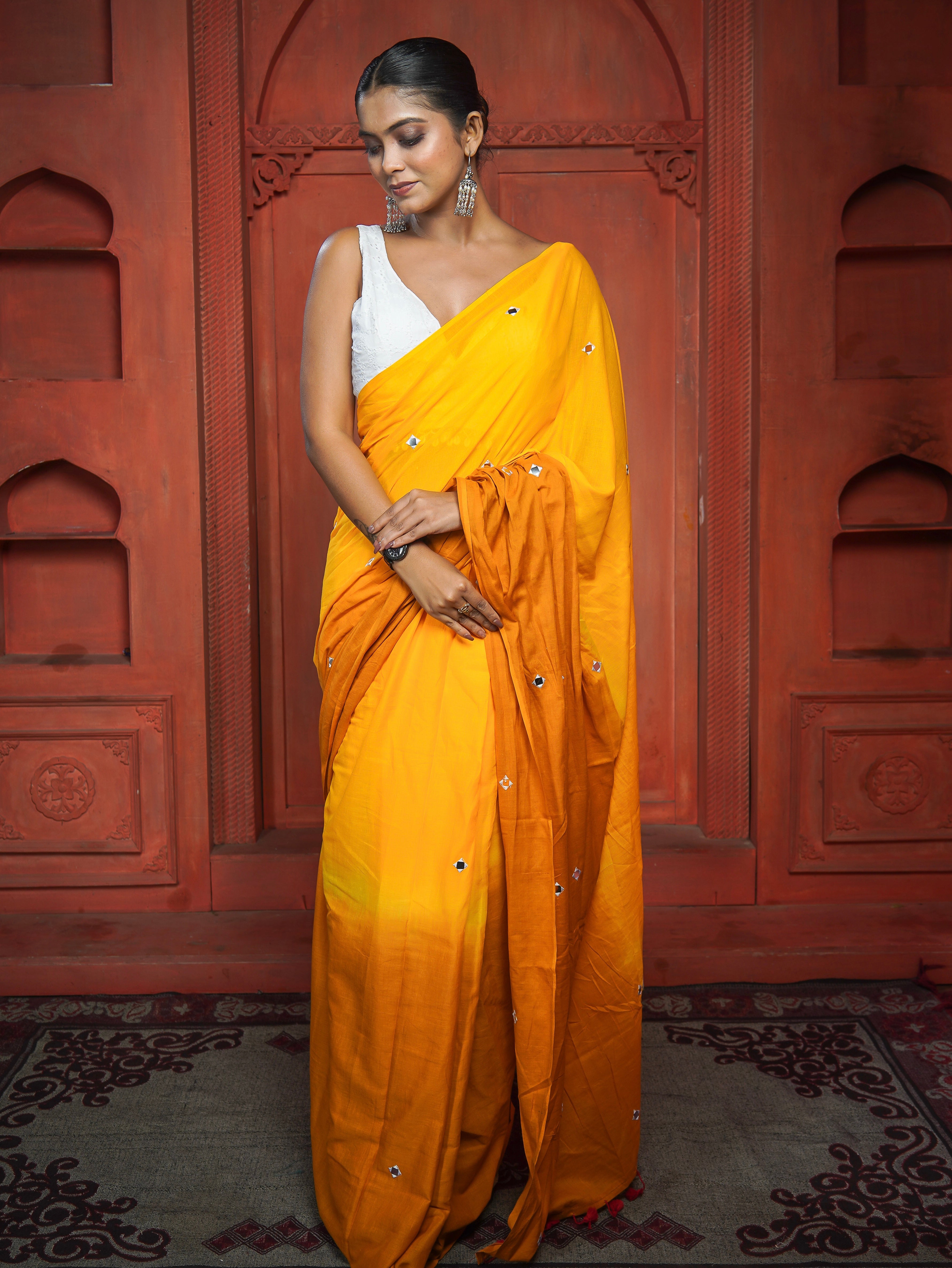 Pure Mul Cotton Mirror Work Saree- Yellow