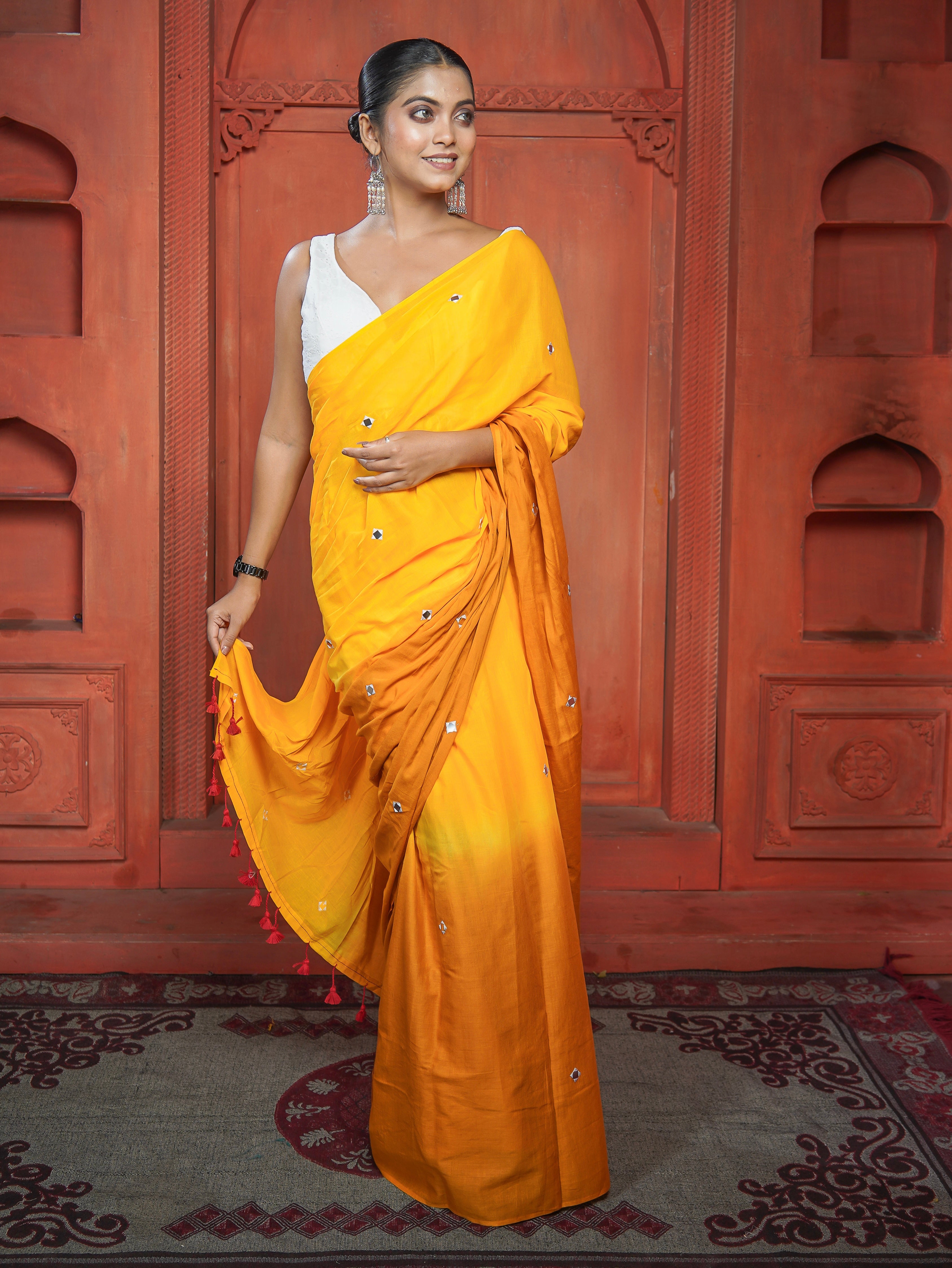 Pure Mul Cotton Mirror Work Saree- Yellow