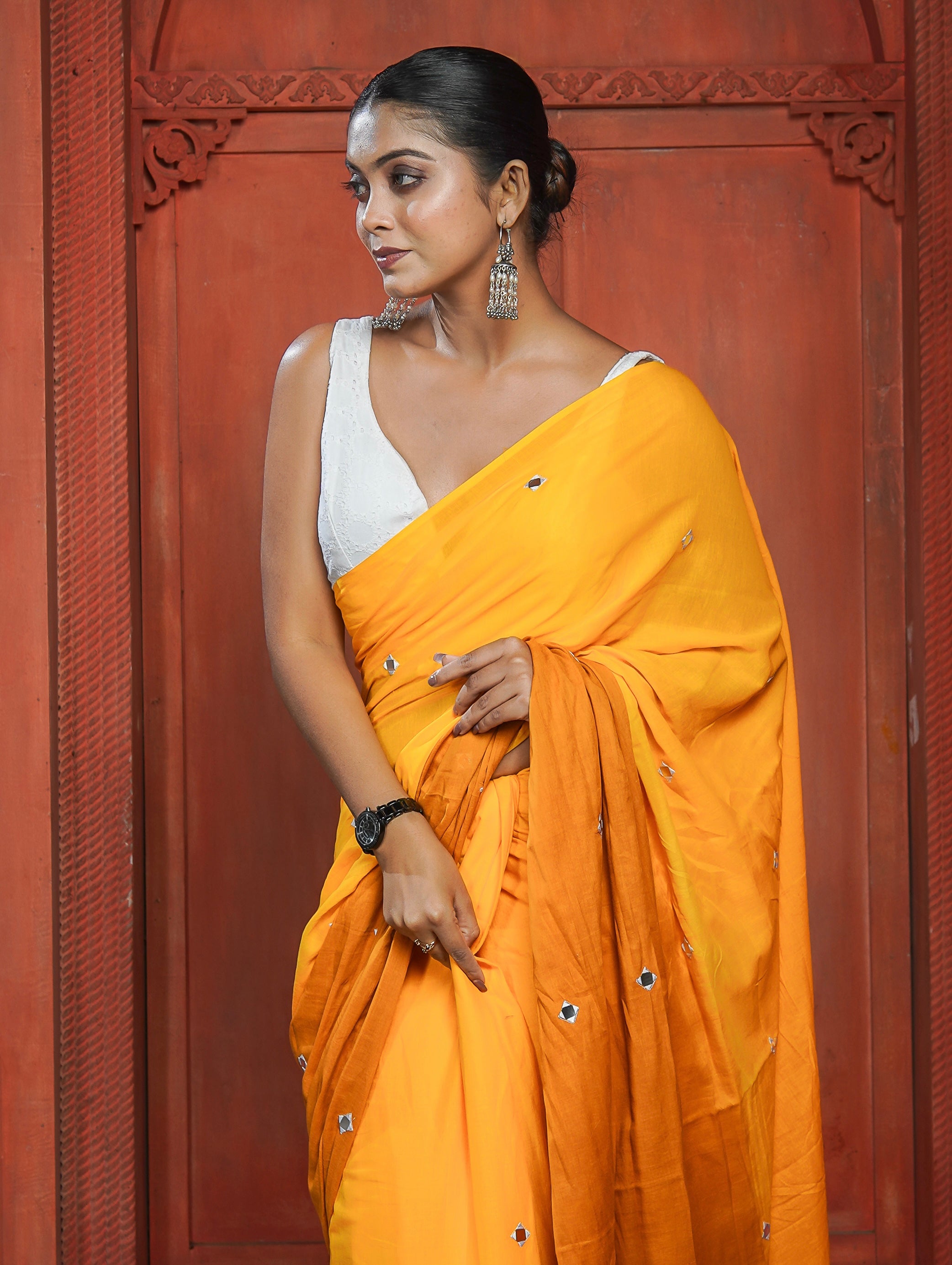 Pure Mul Cotton Mirror Work Saree- Yellow