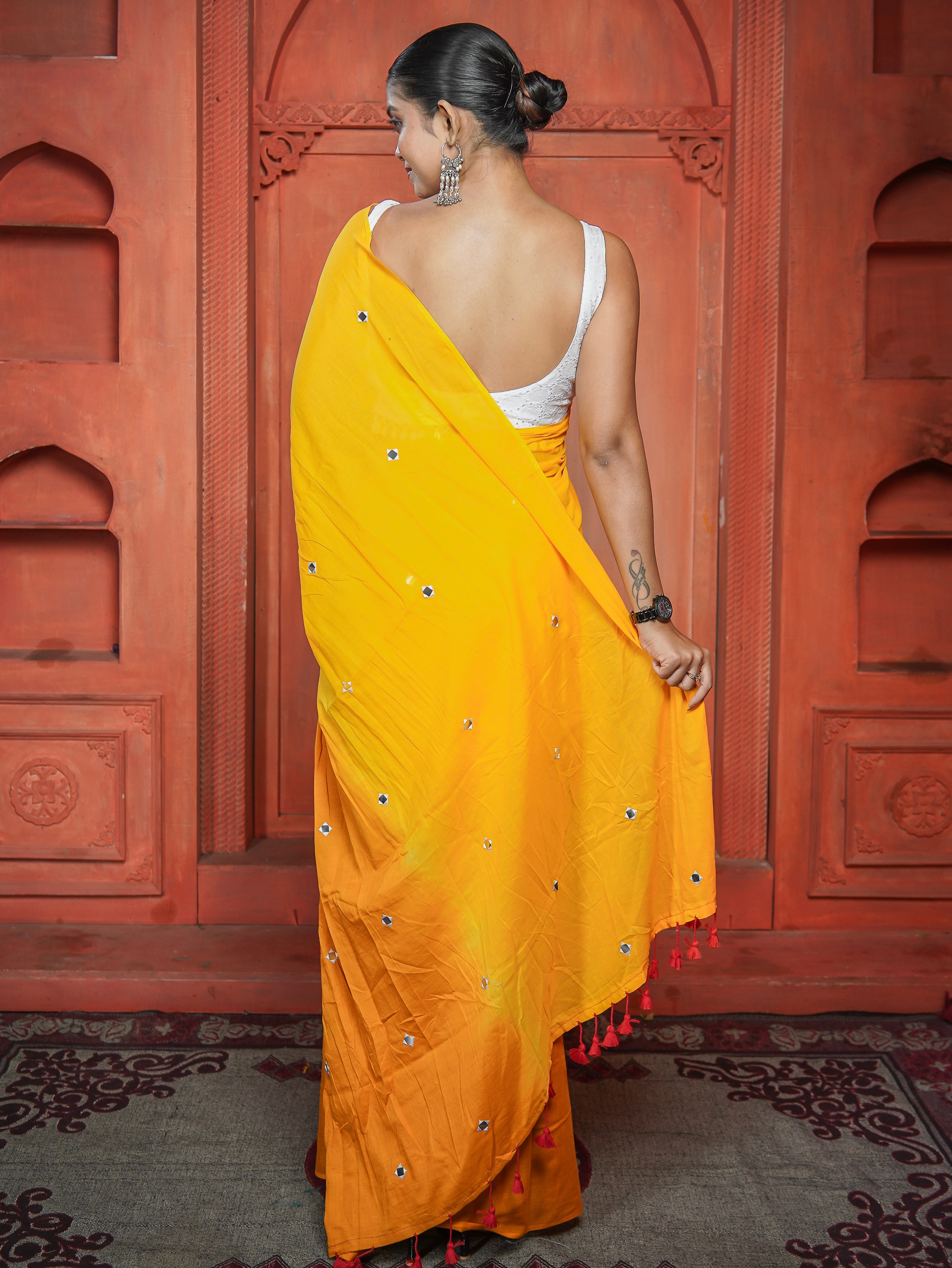 Pure Mul Cotton Mirror Work Saree- Yellow