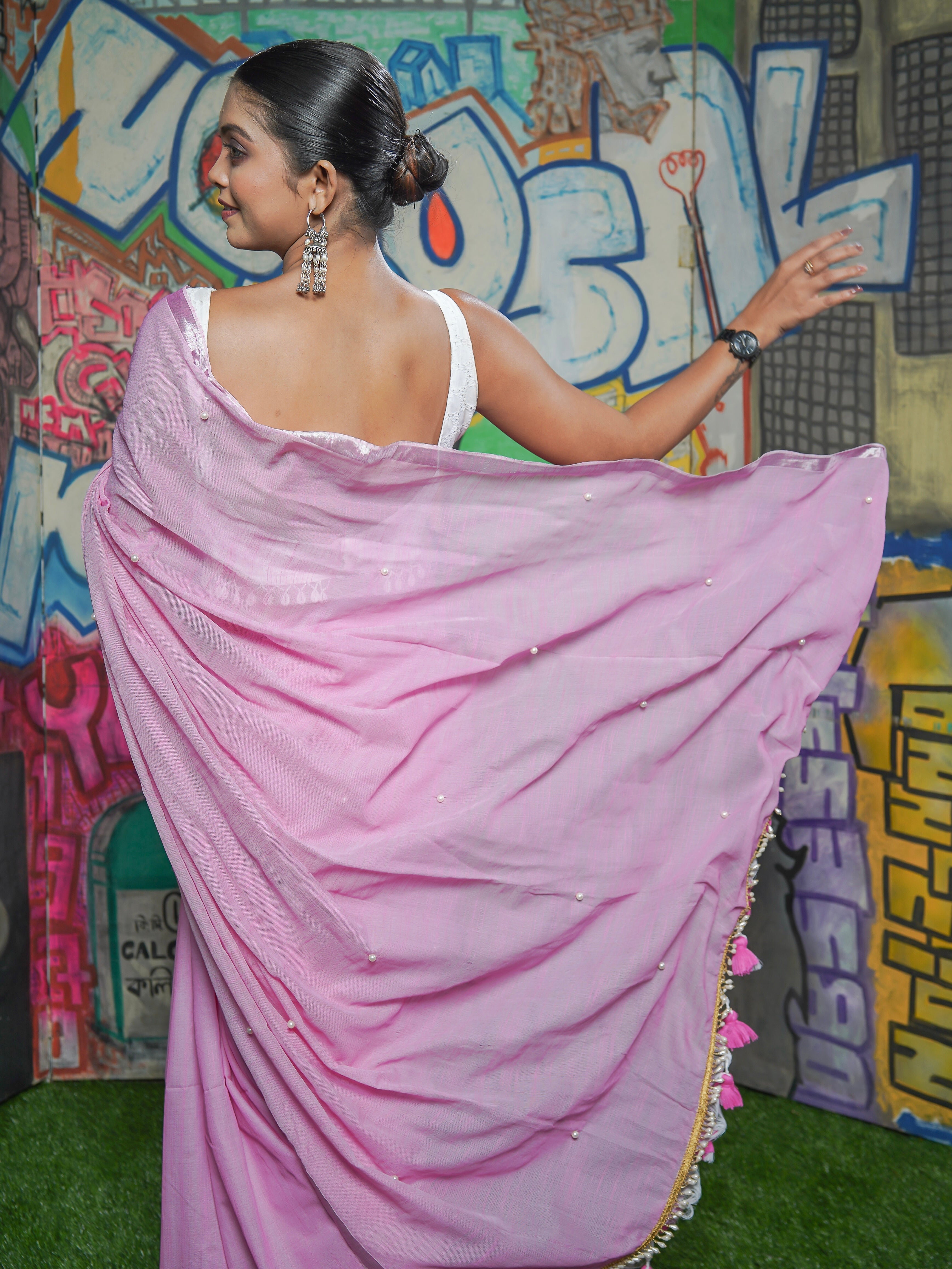 Pink Soft Cotton Saree with Moti Work