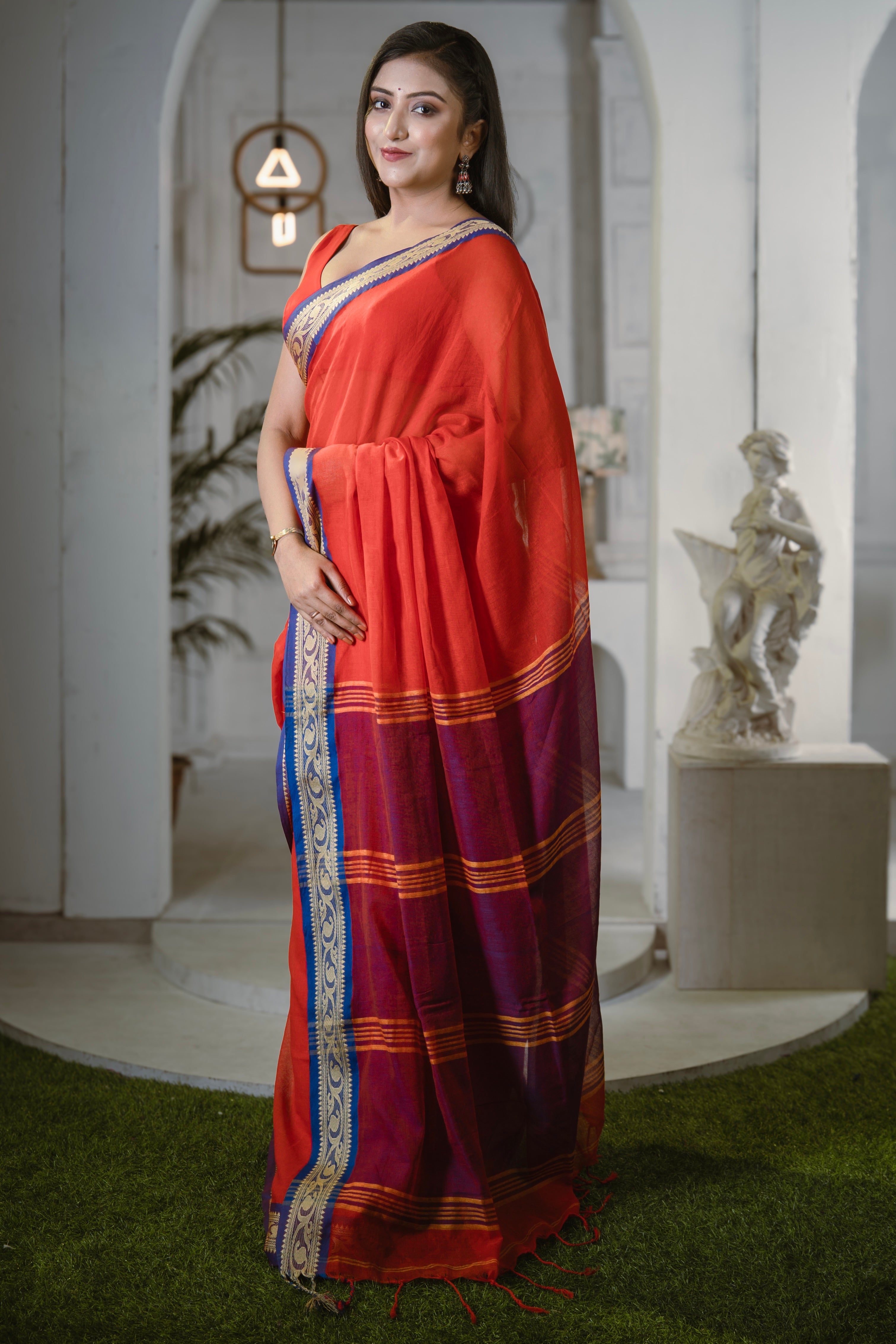 Handwoven Mulmul Cotton Saree- Red