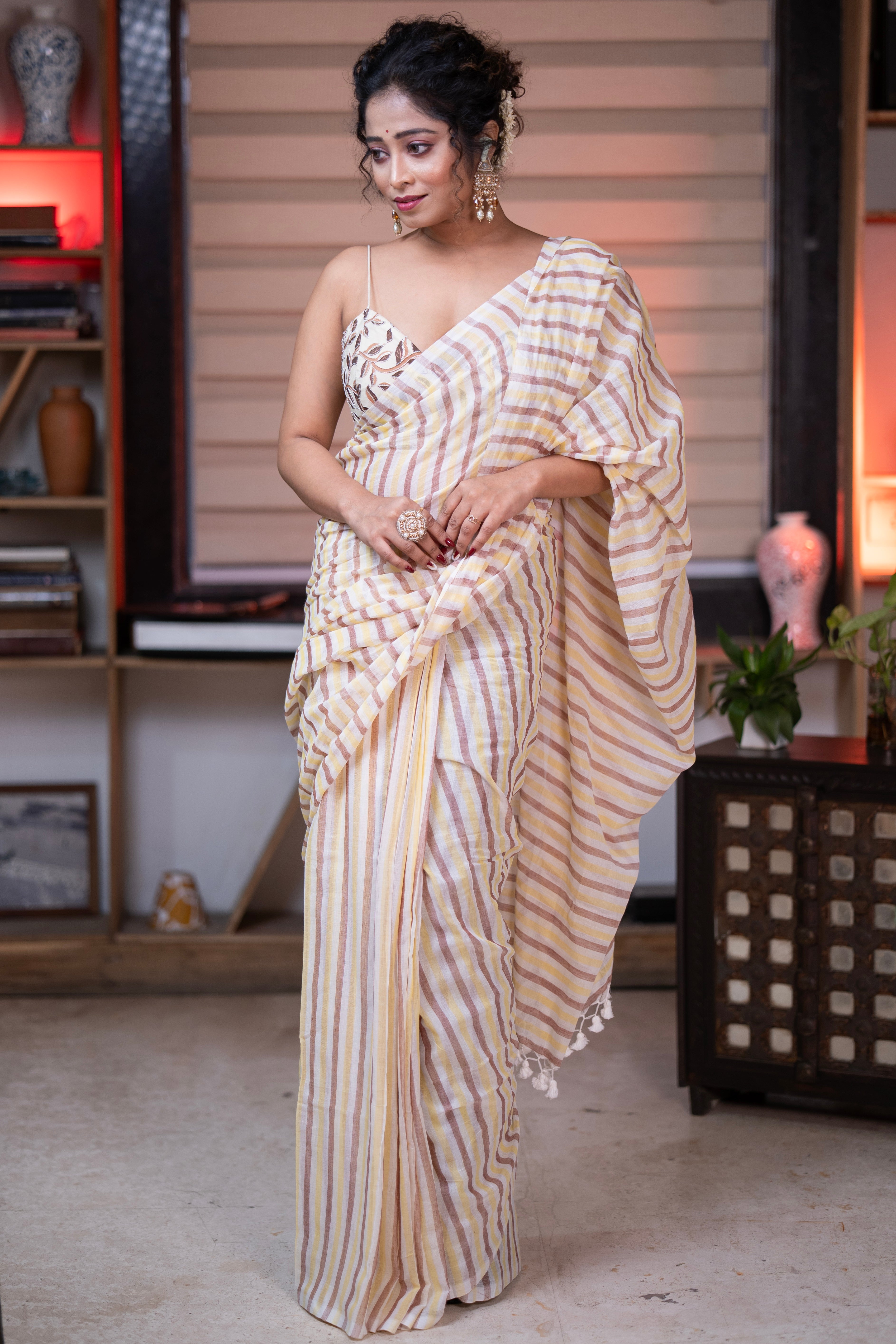 Yellow & Brown Multicolour Stripes Mul Mul Cotton Saree