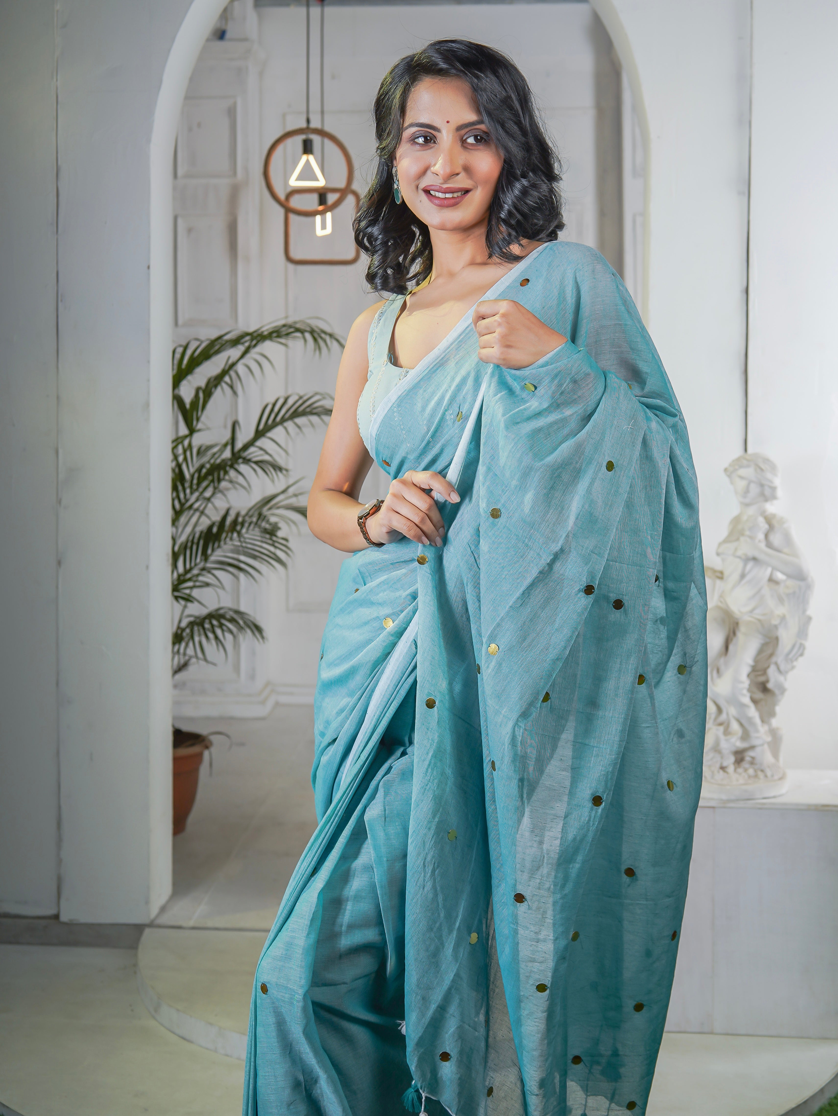 Light Blue Mul Mul Cotton Saree with Ginni Work